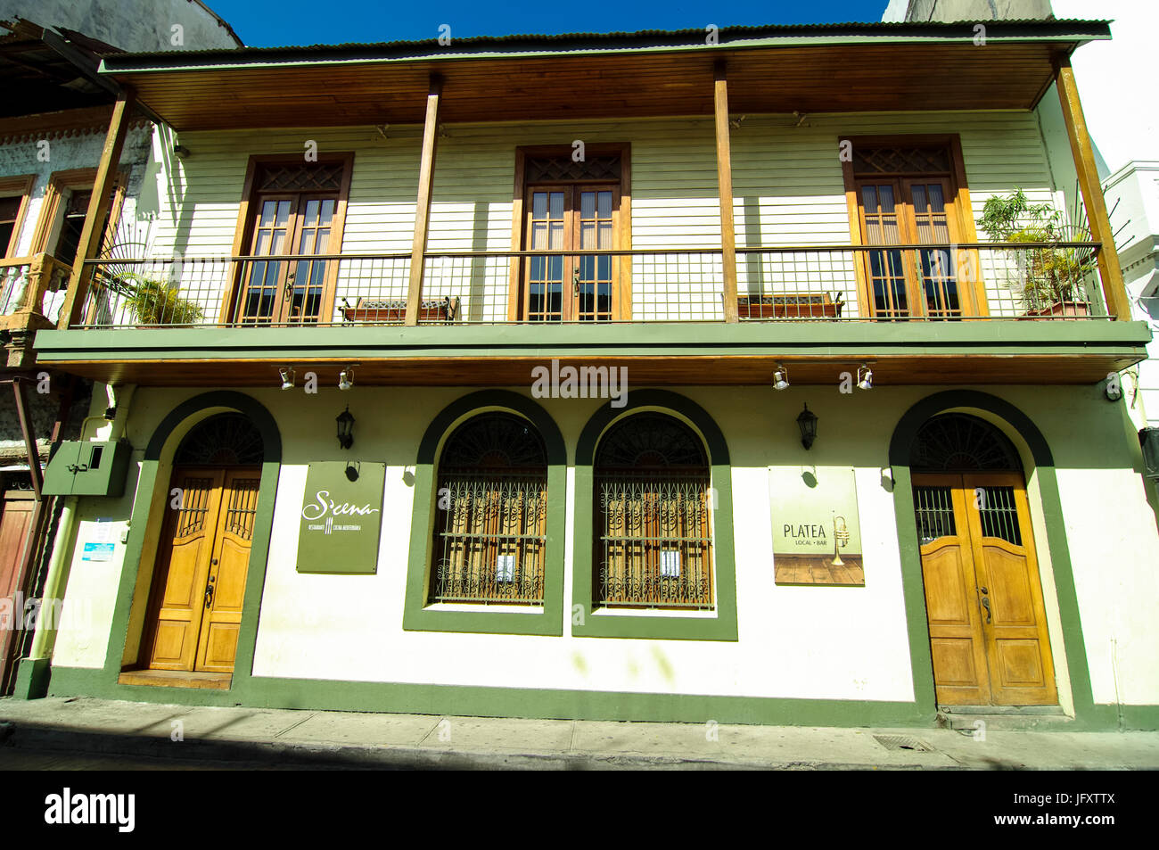 Old colonial house in the casco viejo Panama converted into a restaurant and bar Stock Photo