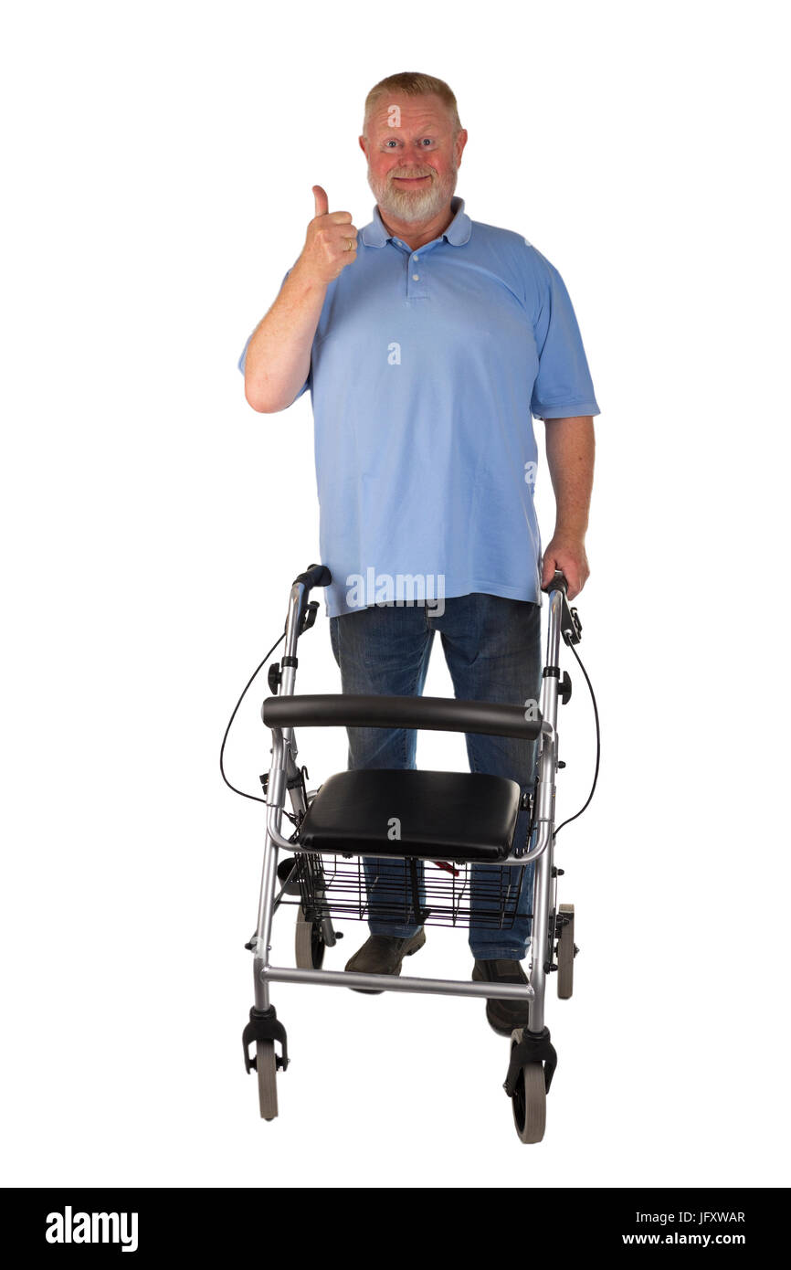 Male Senior with rollator isolated on white background Stock Photo