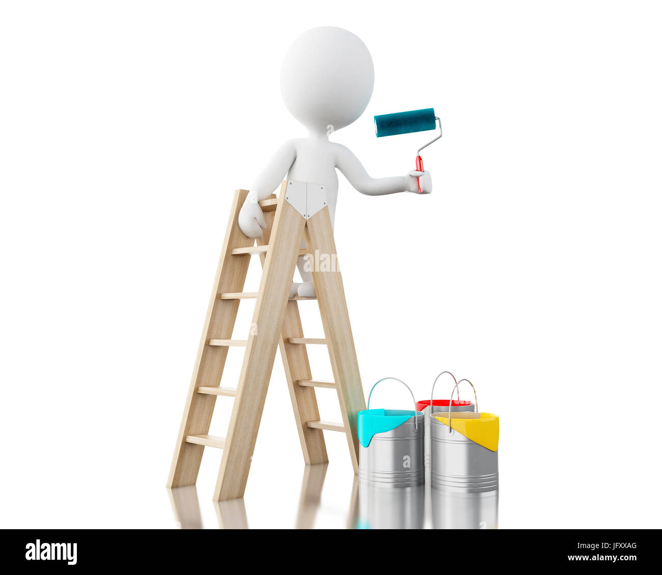 3d renderer image. White people with paint buckets and paint roller ...