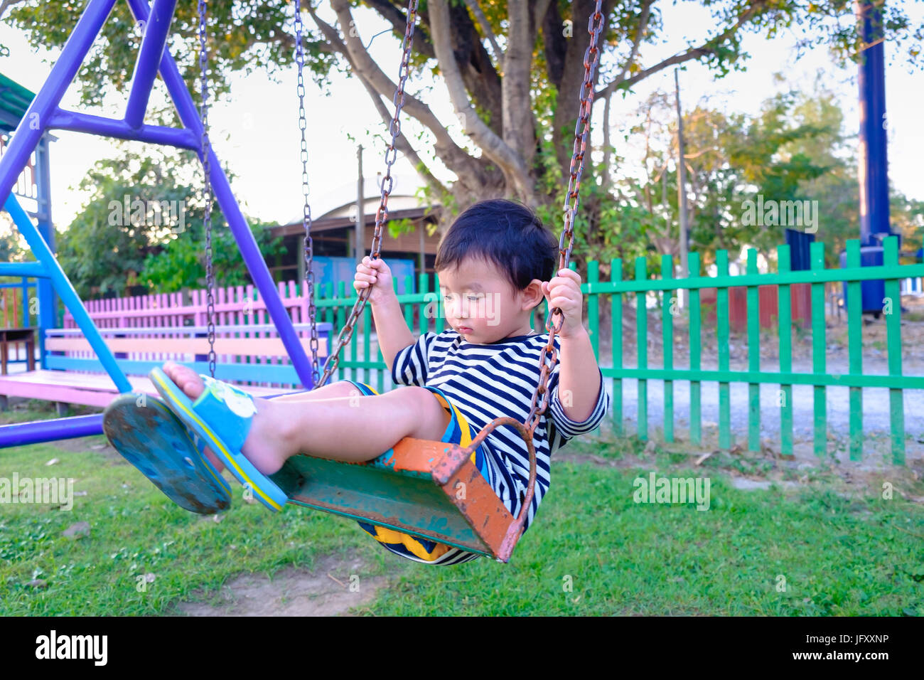 Young Asian Boy Play A Iron Swinging At The Playground Under