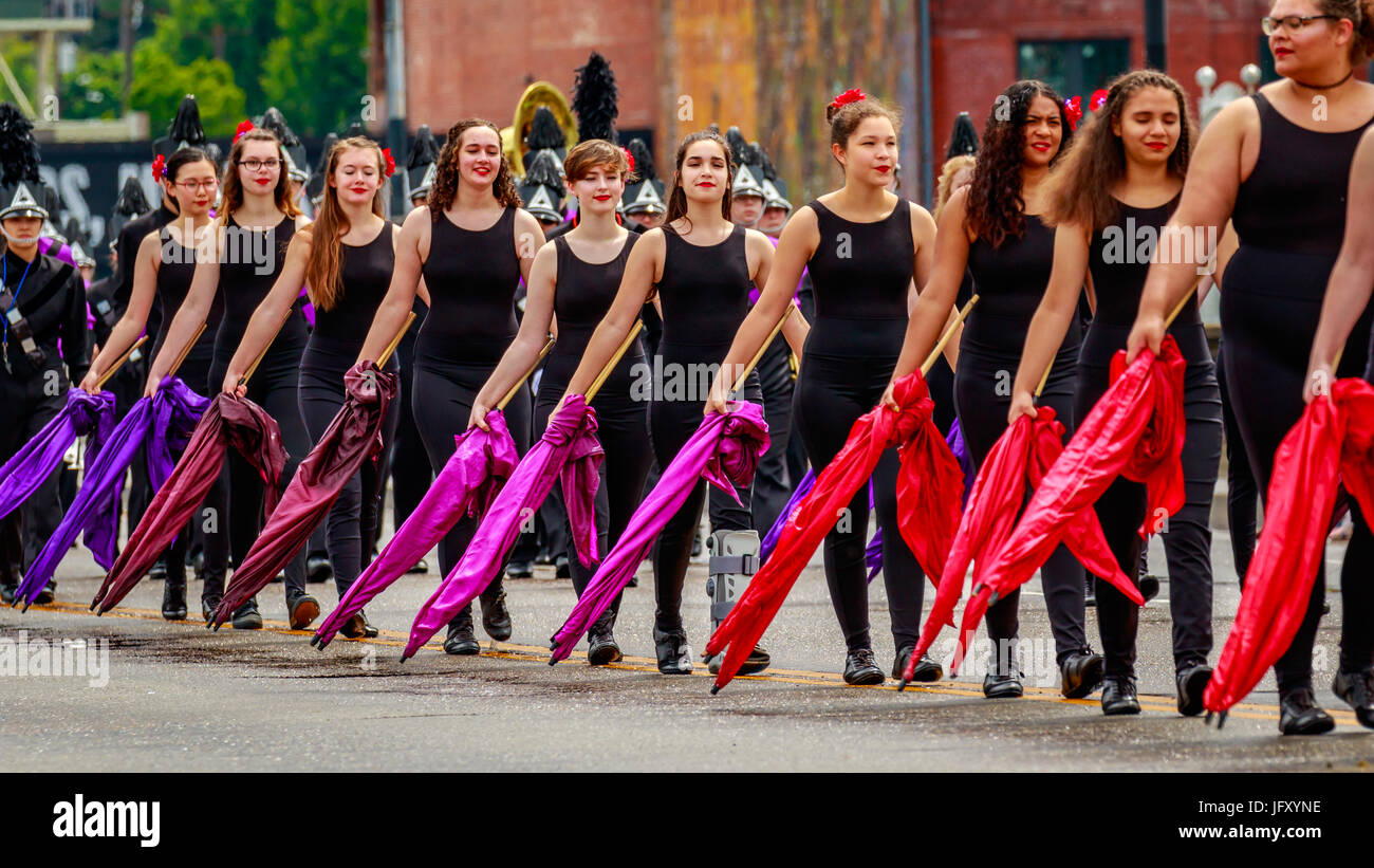 Portland, Oregon, USA - June 10, 2017: Sunset High School Marching Band in the Grand Floral Parade, during Portland Rose Festival 2017. Stock Photo