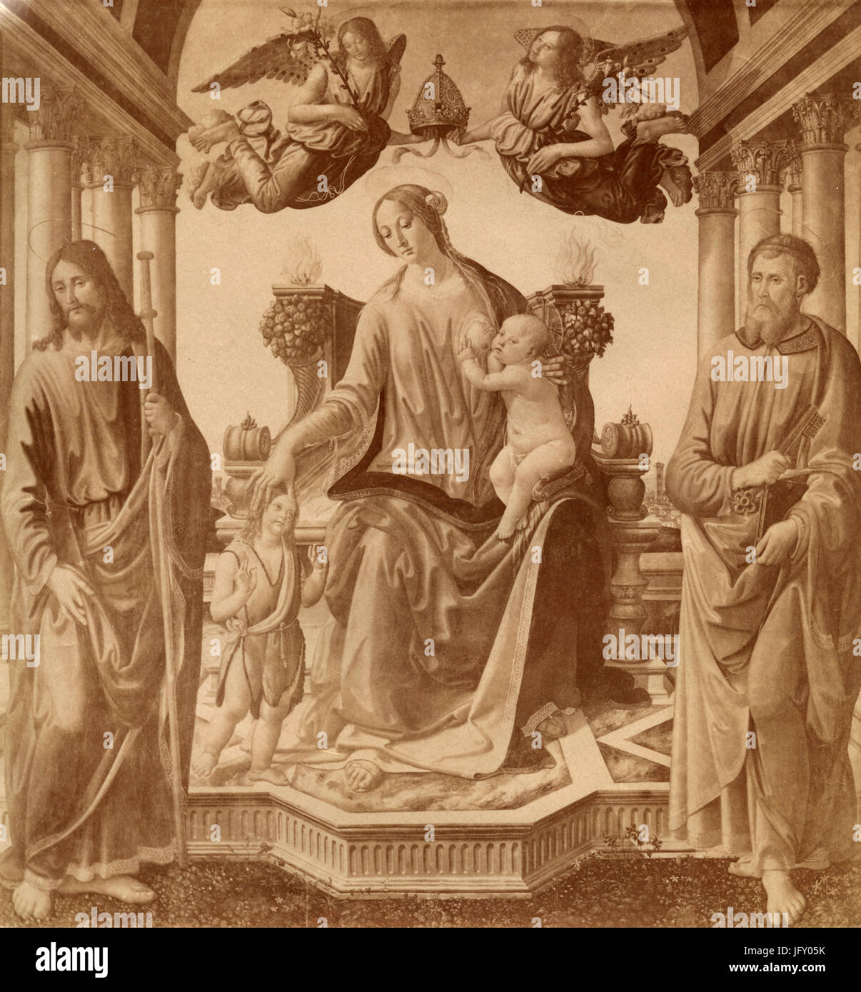 Enthroned Virgin with child, Saints Peter and James, painting by Cosimo Rosselli, Florence, Italy Stock Photo