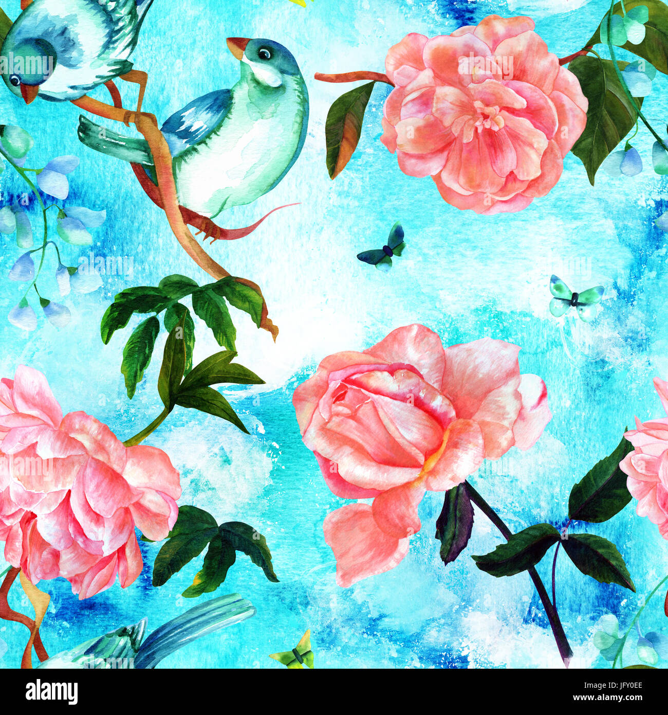 Seamless pattern with watercolor drawings of vibrant teal blue birds ...
