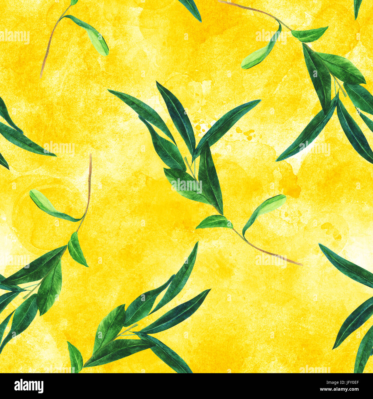 A seamless pattern with a watercolor drawing of a green olive branch on ...