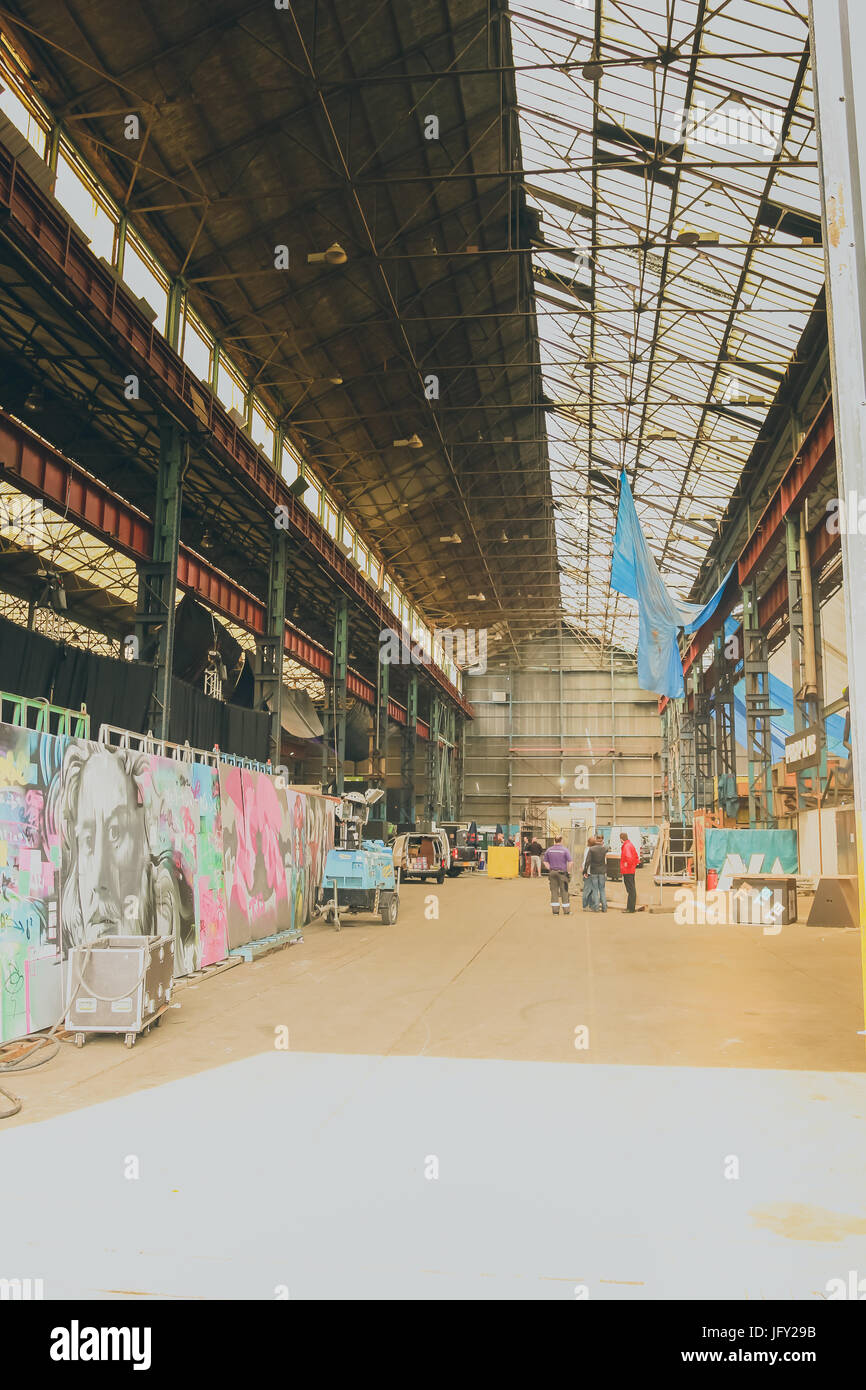 ana abandoned warehouse with graffiti paints done shot at London. Stock Photo