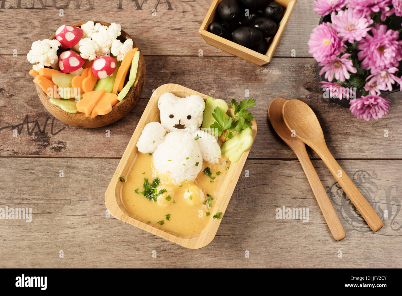Creative idea for kids lunch or dinner. Children animal food. Bath with