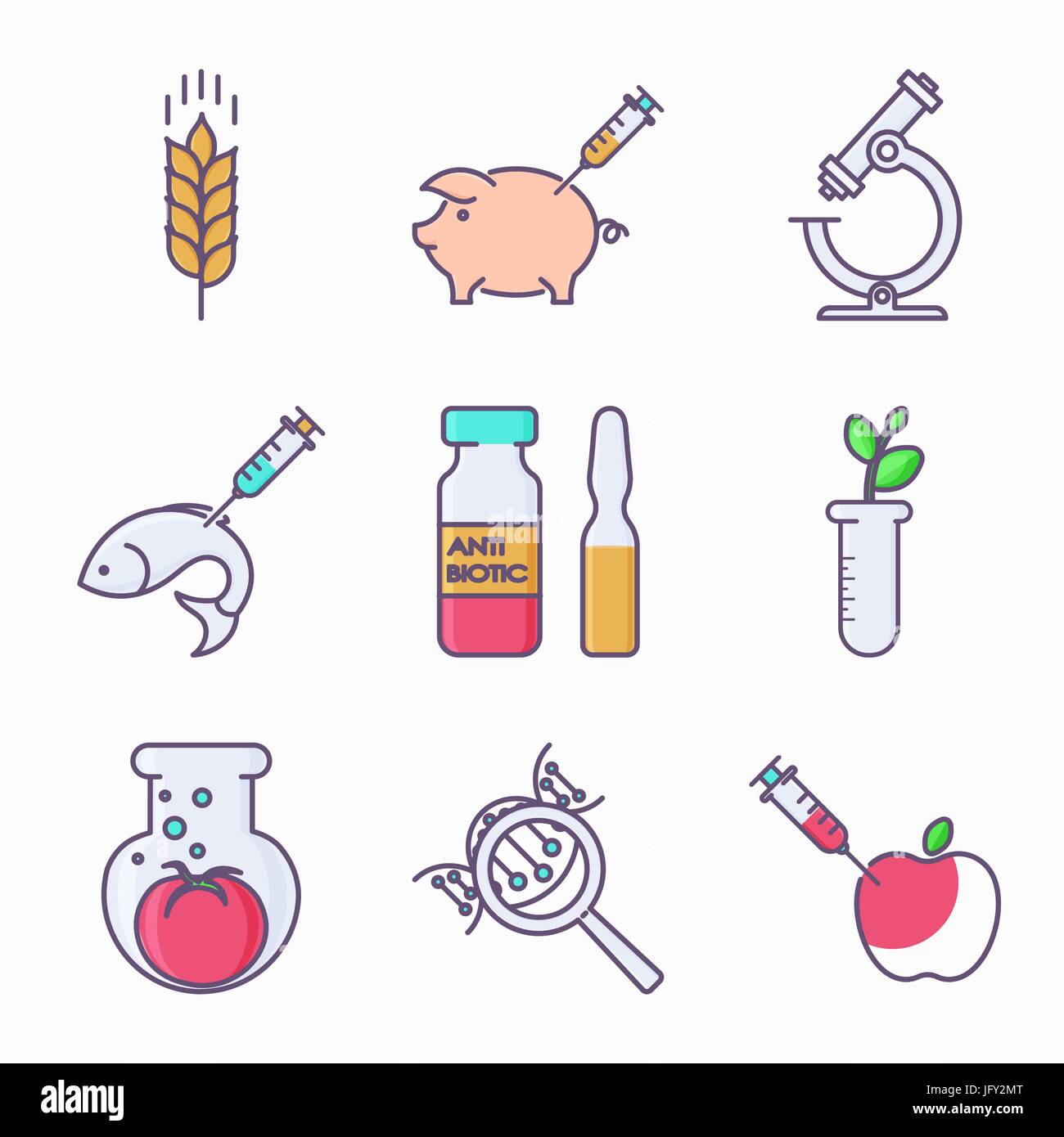 Collection of genetic modification icons. GMO. Genetic engineering