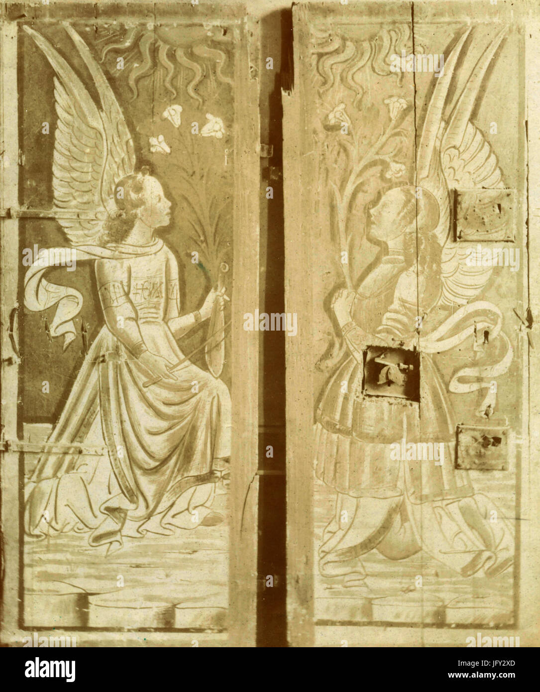 Angels, painting on wood by scuola Romagnola 1400, Imola, Italy Stock Photo