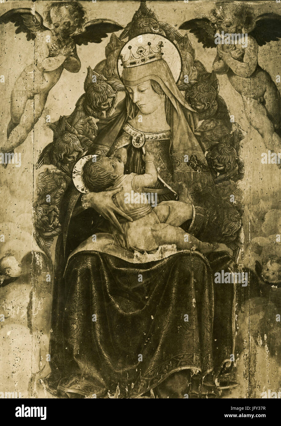 Enthroned Virgin with brestfed child and angels, painting by Carlo Crivelli, Italy Stock Photo