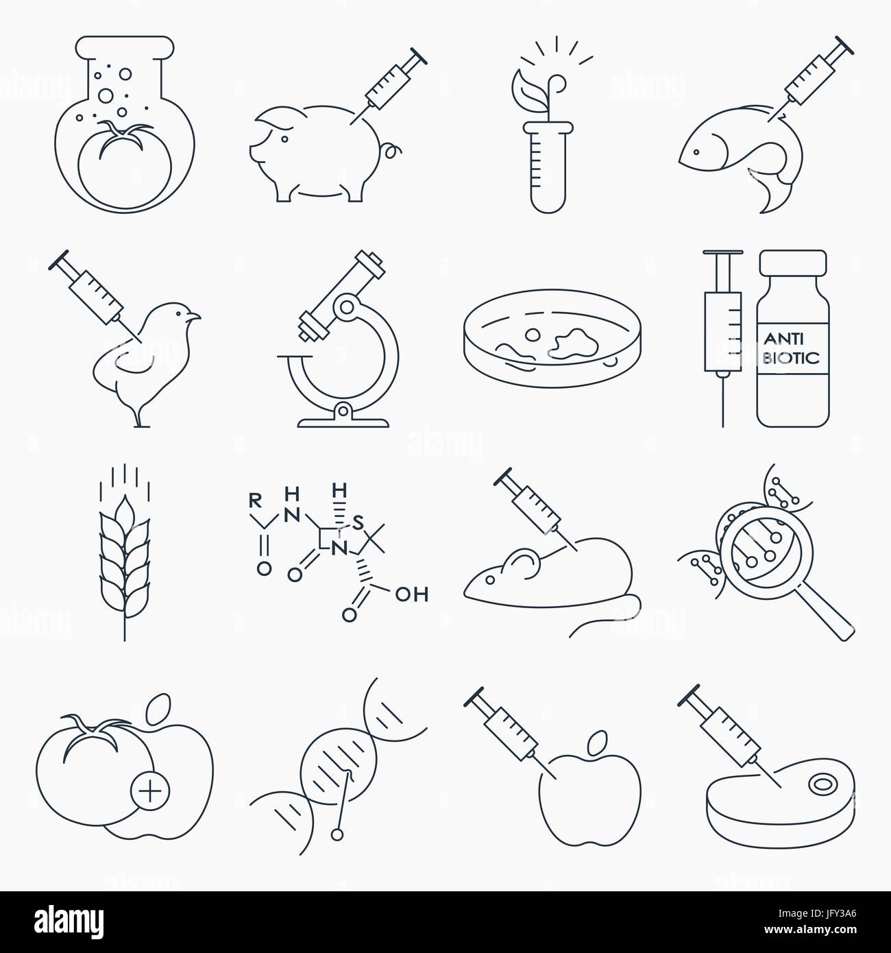 Collection of genetic modification outline icons. GMO. Genetic engineering. Genetic mutation. Stock Vector