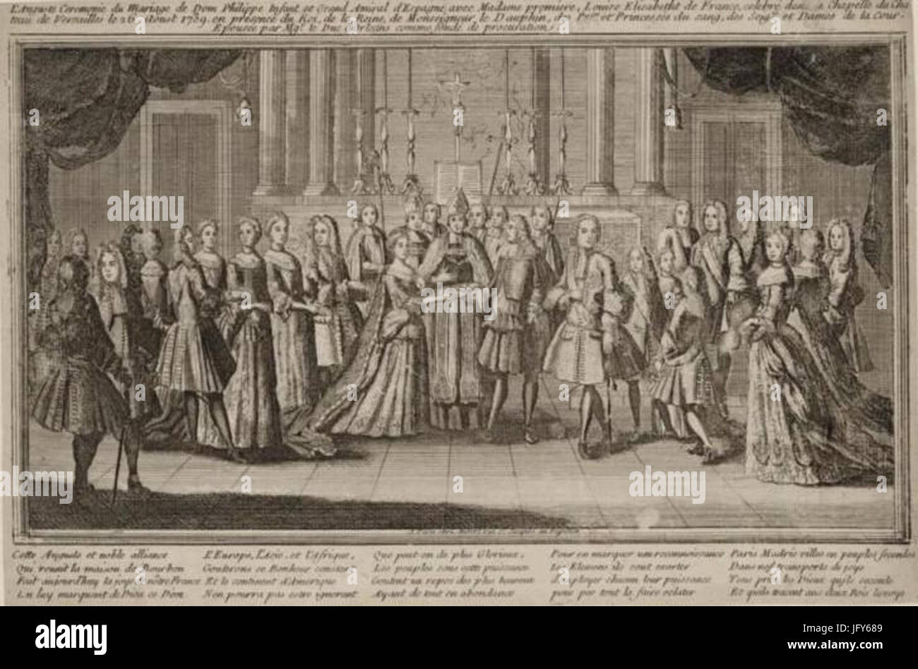 Drawing of the marriage of Don Felipe Infante of Spain with Louise Élisabeth of France at Versailles on 26 August 1739 in the presence of the King Queen Dauphin and Princes of the Blood and the court Stock Photo