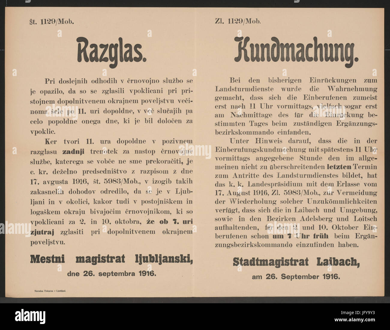 Einrückung - Kundmachung - Laibach - Mehrsprachiges Plakat 1916 Stock Photo