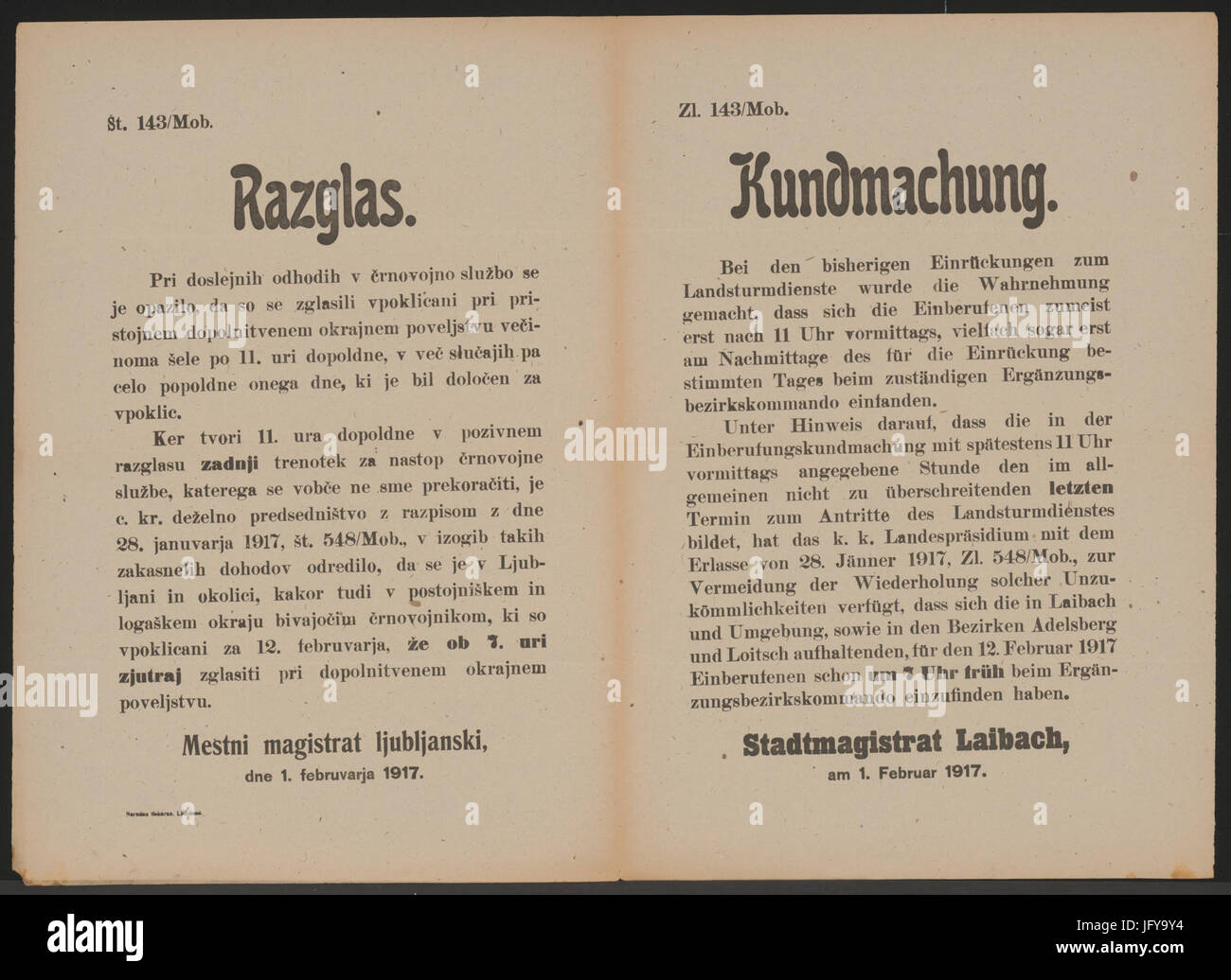 Einrückung - Kundmachung - Laibach - Mehrsprachiges Plakat 1917 Stock Photo