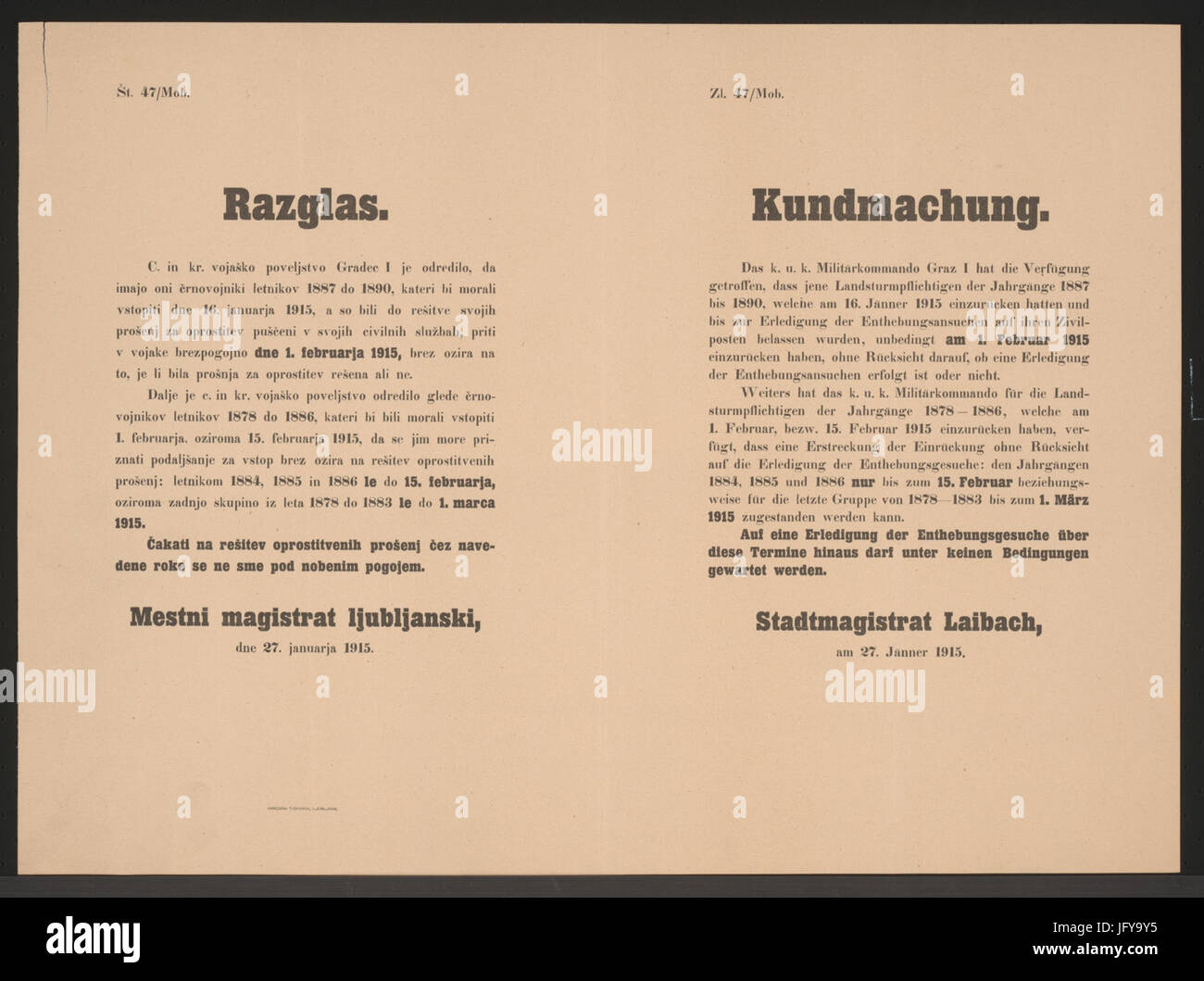Einrückungstermine - Kundmachung - Laibach - Mehrsprachiges Plakat 1915 Stock Photo