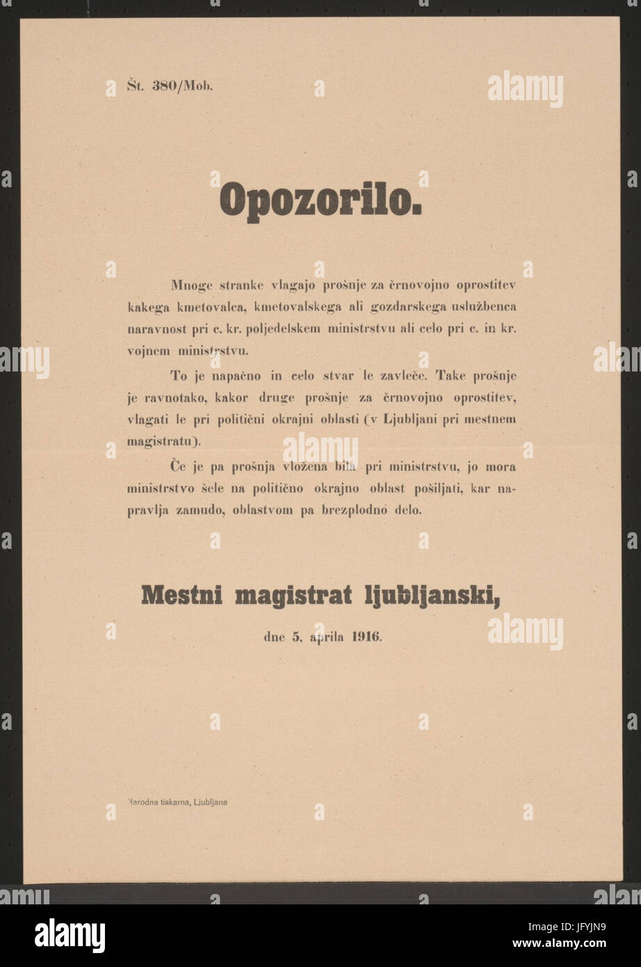 Fehler bei der Einreichung von Anträgen - Kundmachung - Laibach - In slowenischer Sprache 1916 Stock Photo