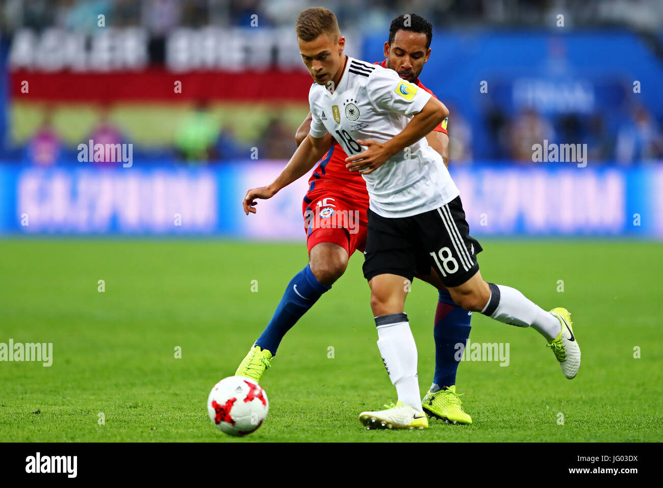 St Petersburg, Russia. 2nd July, 2017. CHILE VS GERMANY - Jean Beausejour of Chile contests with Joshua Kimmich of Germany during a match between Chile and Germany at the 2017 Confederations Cup Final this Sunday at the Krestovsky Stadium (Zenit Arena) in St. Petersburg, Russia. (Photo: Heuler Andrey/DiaEsportivo/Fotoarena/Alamy Live News) Stock Photo