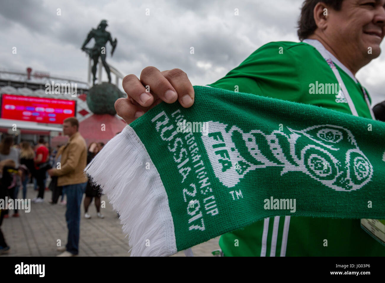 Moscow, Russia, 2nd of July, 2017. Football fans before the 2017 FIFA Confederations Cup third place football match between Portugal and Mexico at the Spartak Stadium in Moscow, Russia Stock Photo