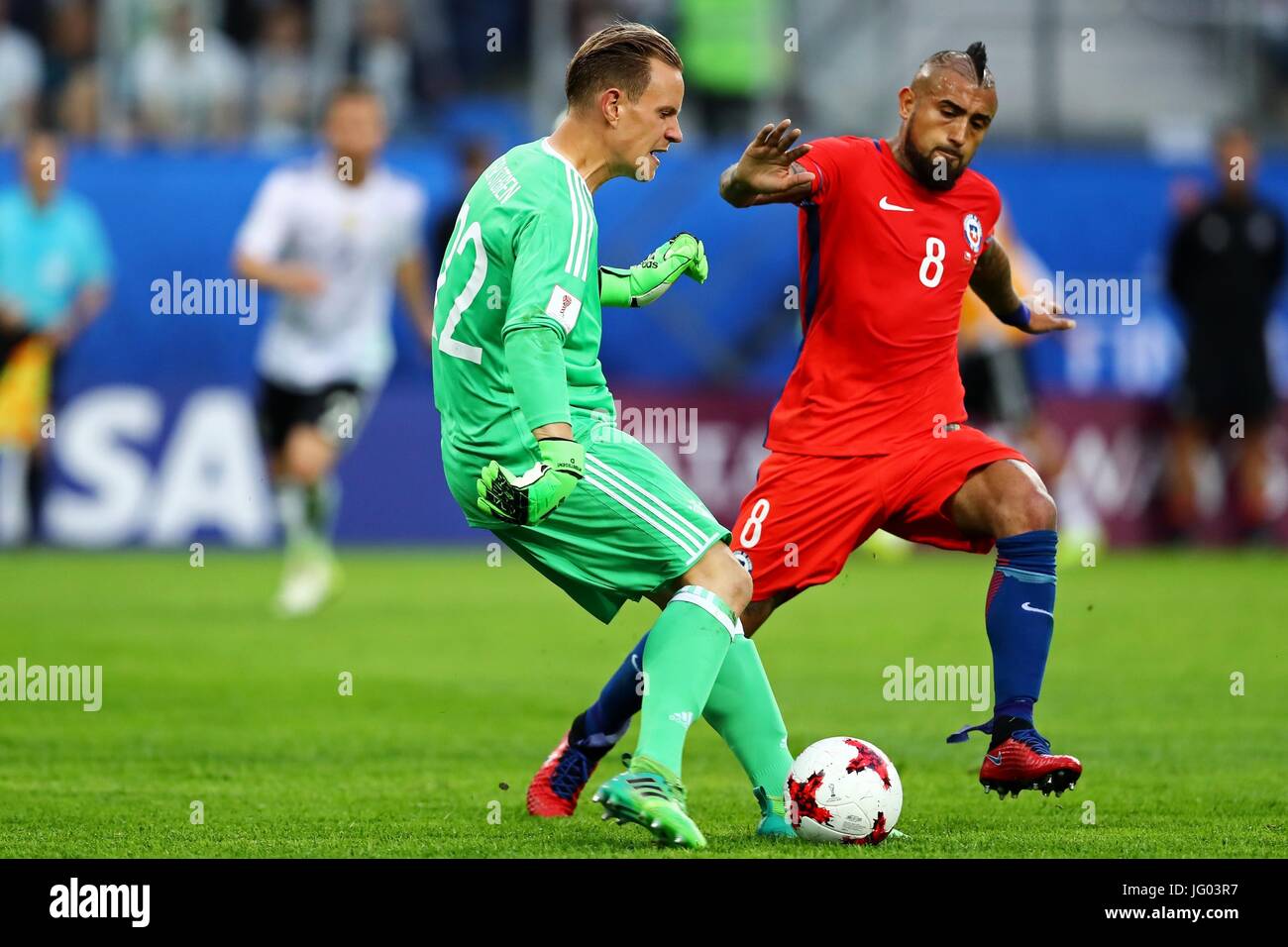 St Petersburg, Russia. 2nd July, 2017. CHILE VS GERMANY - Arturo Vidal of Chile contests bid with Marc-Andre Ter Stegen of Germany during a match between Chile and Germany at the 2017 Confederations Cup Final this Sunday (02), held at the Krestovsky Stadium (Zenit Arena) in St. Petersburg, Russia . (Photo: Heuler Andrey/DiaEsportivo/Fotoarena/Alamy Live News) Stock Photo