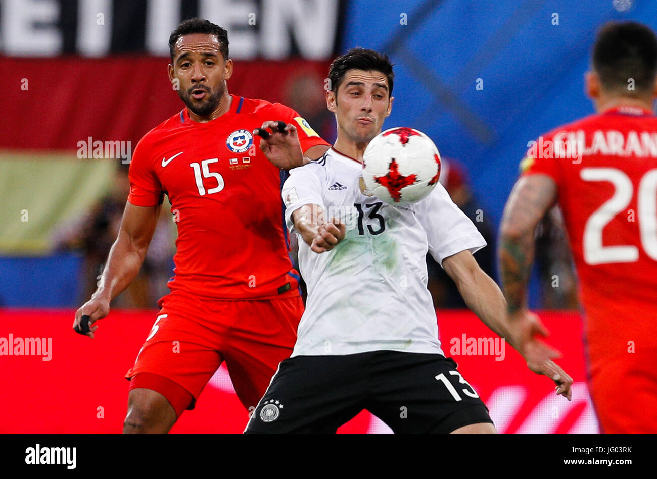 St Petersburg, Russia. 2nd July, 2017. CHILE VS GERMANY - BEAUSEJOUR Jean of Chile plays ball with STINDL Lars of Germany during a match between Chile and Germany at the final of the Confederations Cup 2017 on Sunday (2), held at the Krestovsky Stadium (Zenit Arena) in St. Petersburg, Russia. (Photo: Marcelo Machado de Melo/Fotoarena/Alamy Live News) Stock Photo