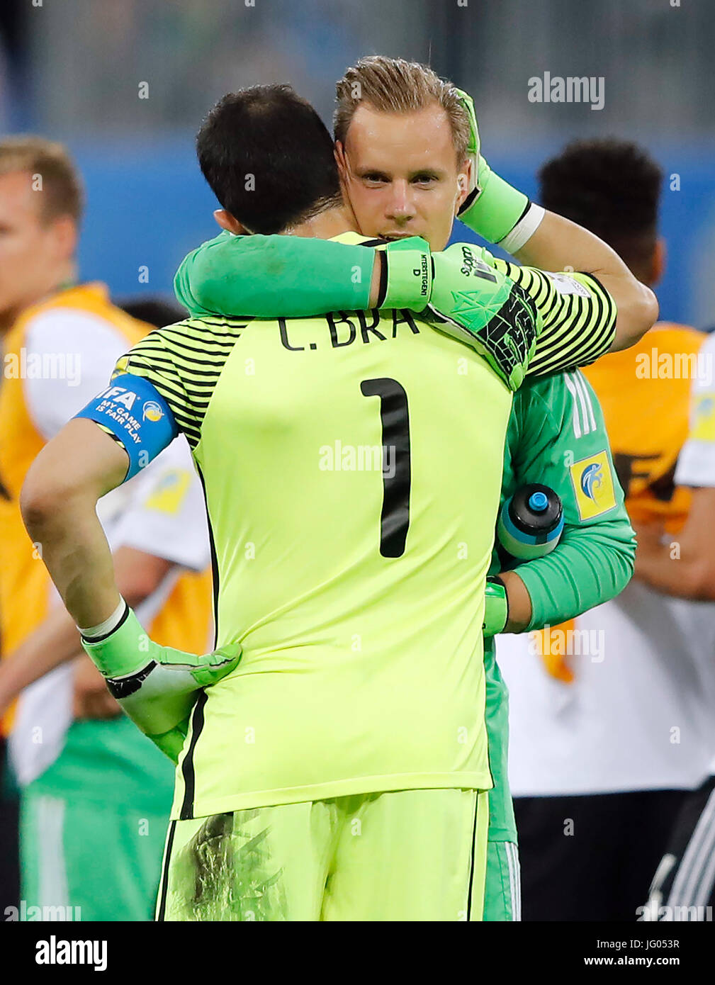 St. Petersburg, Russia. 2nd July, 2017. Claudio BRAVO of Chile is comforted by goalkeeper Marc-Andre TER STEGEN of Germany following a match between Chile and Germany valid for the final of the 2017 Confederations Cup on Sunday (2), held at the Krestovsky Stadium in St Petersburg, Russia. (Photo: Rodolfo Buhrer/La Imagem/Fotoarena) Stock Photo