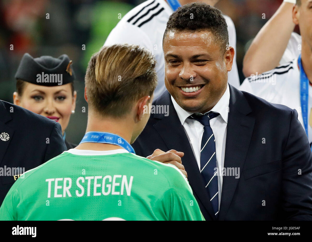 St. Petersburg, Russia. 2nd July, 2017. Marc-Andre TER STEGEN of Germany and former player Ronaldo do Brasil after the match between Chile and Germany valid for the final of the 2017 Confederations Cup on Sunday (2), held at the Krestovsky Stadium (Arena Zenit) in St. Petersburg, Russia. (Photo: Rodolfo Buhrer/La Imagem/Fotoarena) Stock Photo