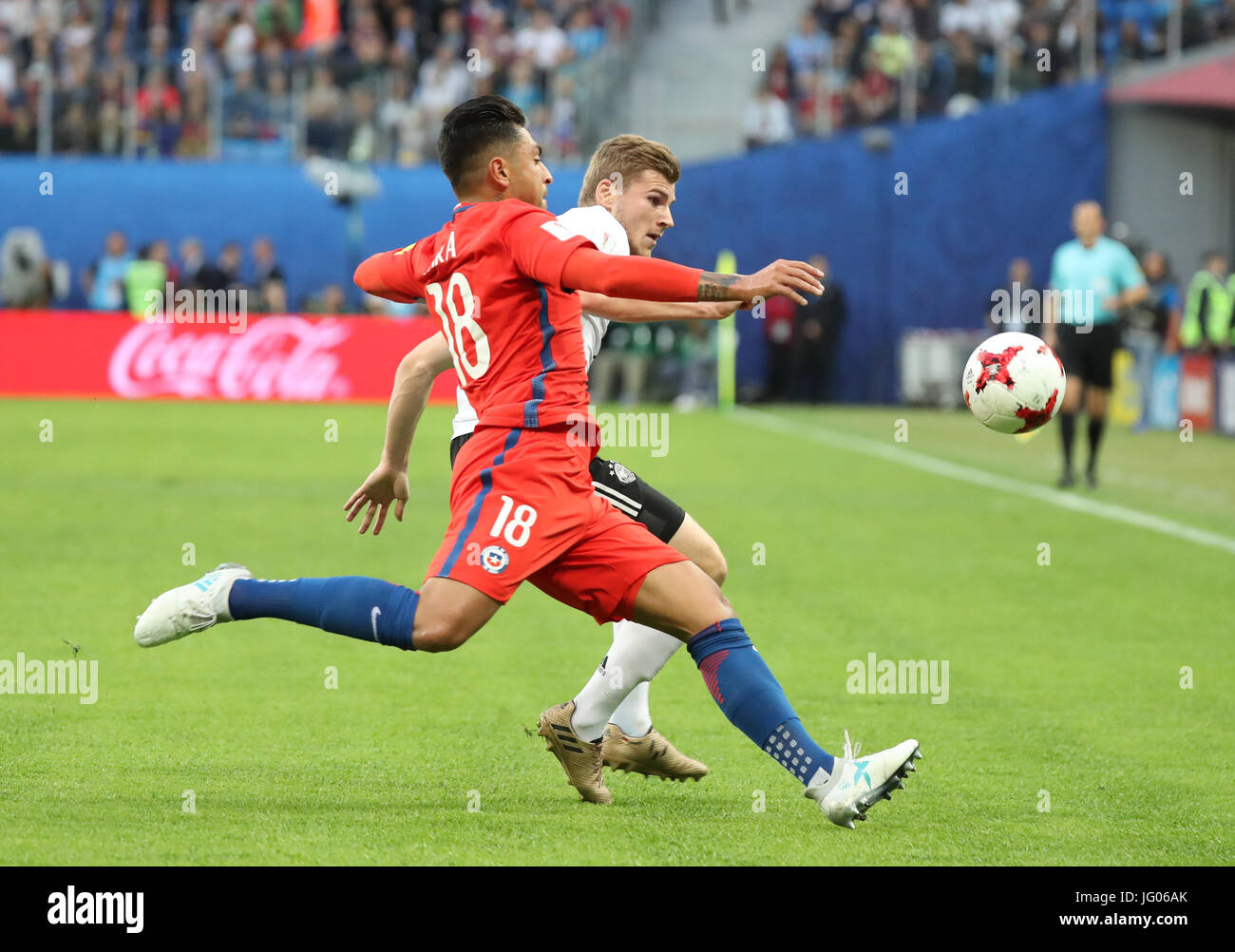 St. Petersburg, Russia. 2nd July, 2017. Jara Gonzalo (L) of Chile competes during the final match between Chile and Germany at the 2017 FIFA Confederations Cup in St. Petersburg, Russia, on July 2, 2017. Germany claimed the title by defeating Chile with 1-0. Credit: Xu Zijian/Xinhua/Alamy Live News Stock Photo