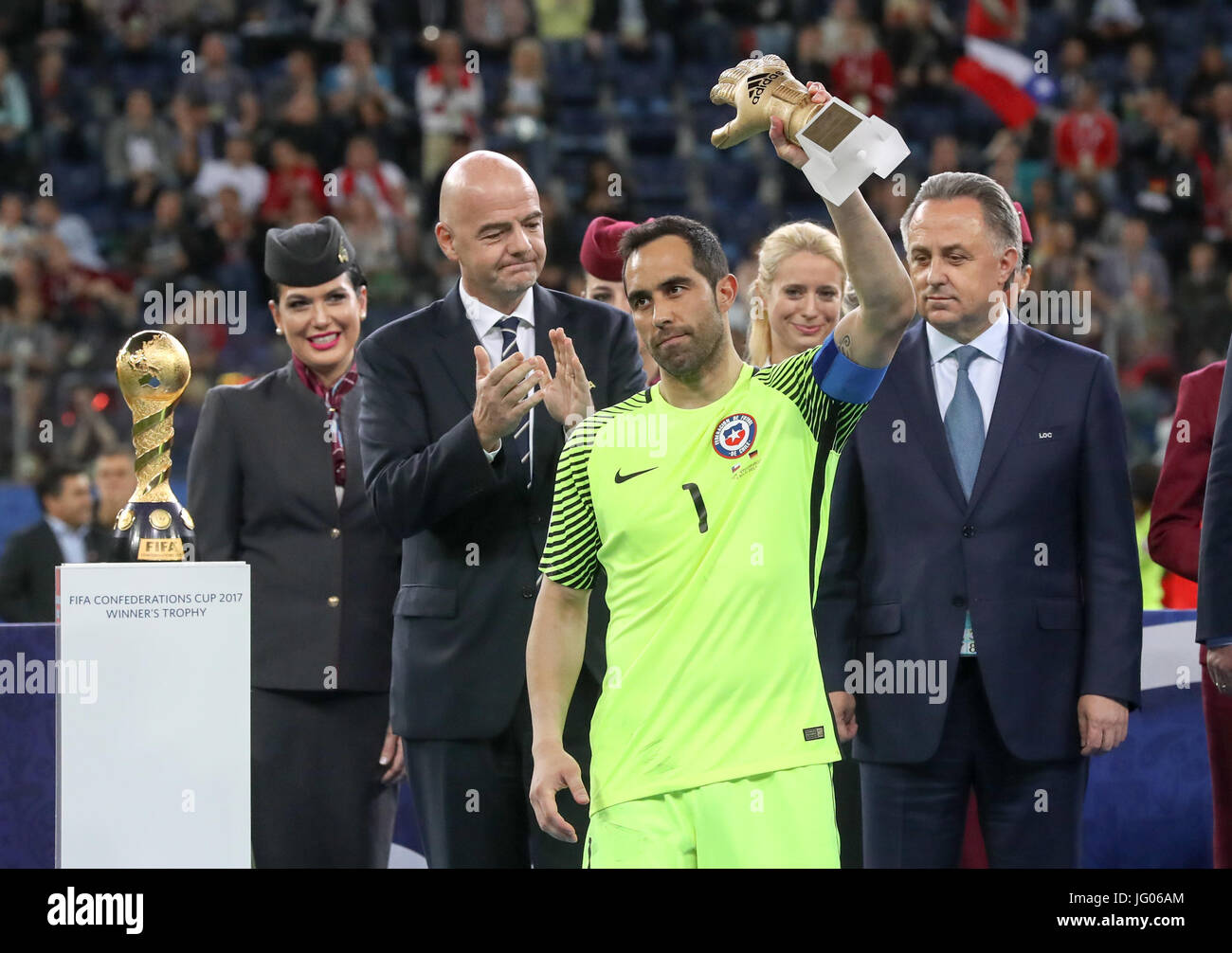 St. Petersburg, Russia. 2nd July, 2017. Golden Glove winner Claudio Bravo (Front) of Chile holds the trophy during the awarding ceremony after the final match between Chile and Germany at the 2017 FIFA Confederations Cup in St. Petersburg, Russia, on July 2, 2017. Germany claimed the title by defeating Chile with 1-0. Credit: Xu Zijian/Xinhua/Alamy Live News Stock Photo