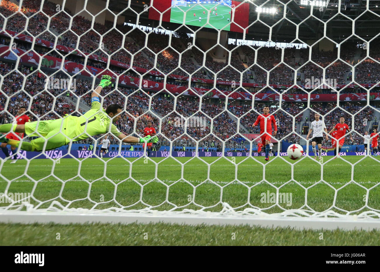 St. Petersburg, Russia. 2nd July, 2017. Claudio Bravo (L), goalie of Chile, saves during the final match between Chile and Germany at the 2017 FIFA Confederations Cup in St. Petersburg, Russia, on July 2, 2017. Germany claimed the title by defeating Chile with 1-0. Credit: Xu Zijian/Xinhua/Alamy Live News Stock Photo