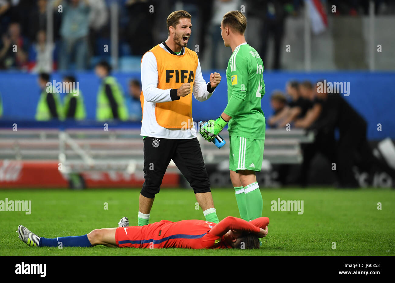 Saint Petersburg, Russia. 2nd July, 2017. Germany's subsitute goalkeeper Kevin Trapp (L) cheers with goalkeeper Marc-Andre ter Stegen after the Confederations Cup finale between Chile and Germany at the Saint Petersburg Stadium in Saint Petersburg, Russia, 2 July 2017. Photo: Marius Becker/dpa/Alamy Live News Stock Photo