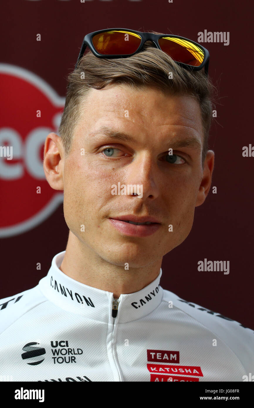 The German cyclist Tony Martin from the Team Katusha Alpecin during a press conference in Duesseldorf, Germany, 28 June 2017. The Tour de France will start of the 1 July in Duesseldorf. Photo: Daniel Karmann/dpa Stock Photo