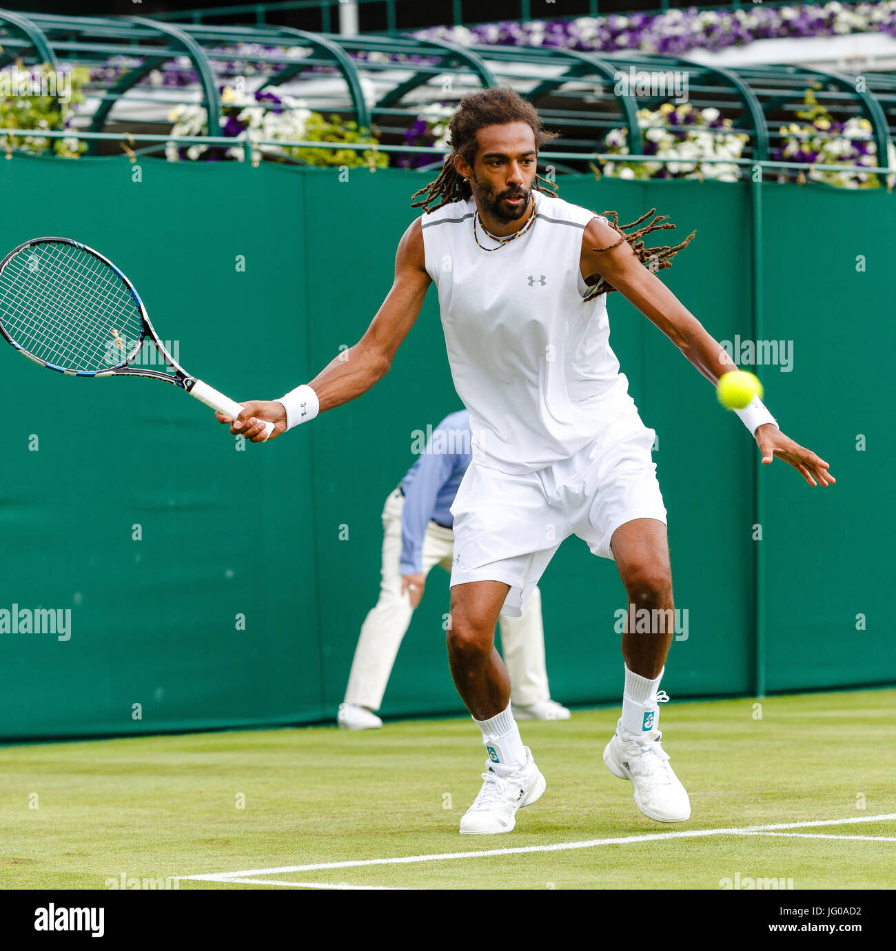 London, UK. 3rd July, 2017. German tennis player Dustin Brown in action  during his 1st round match at the Wimbledon Tennis Championships 2017 at  the All England Lawn Tennis and Croquet Club