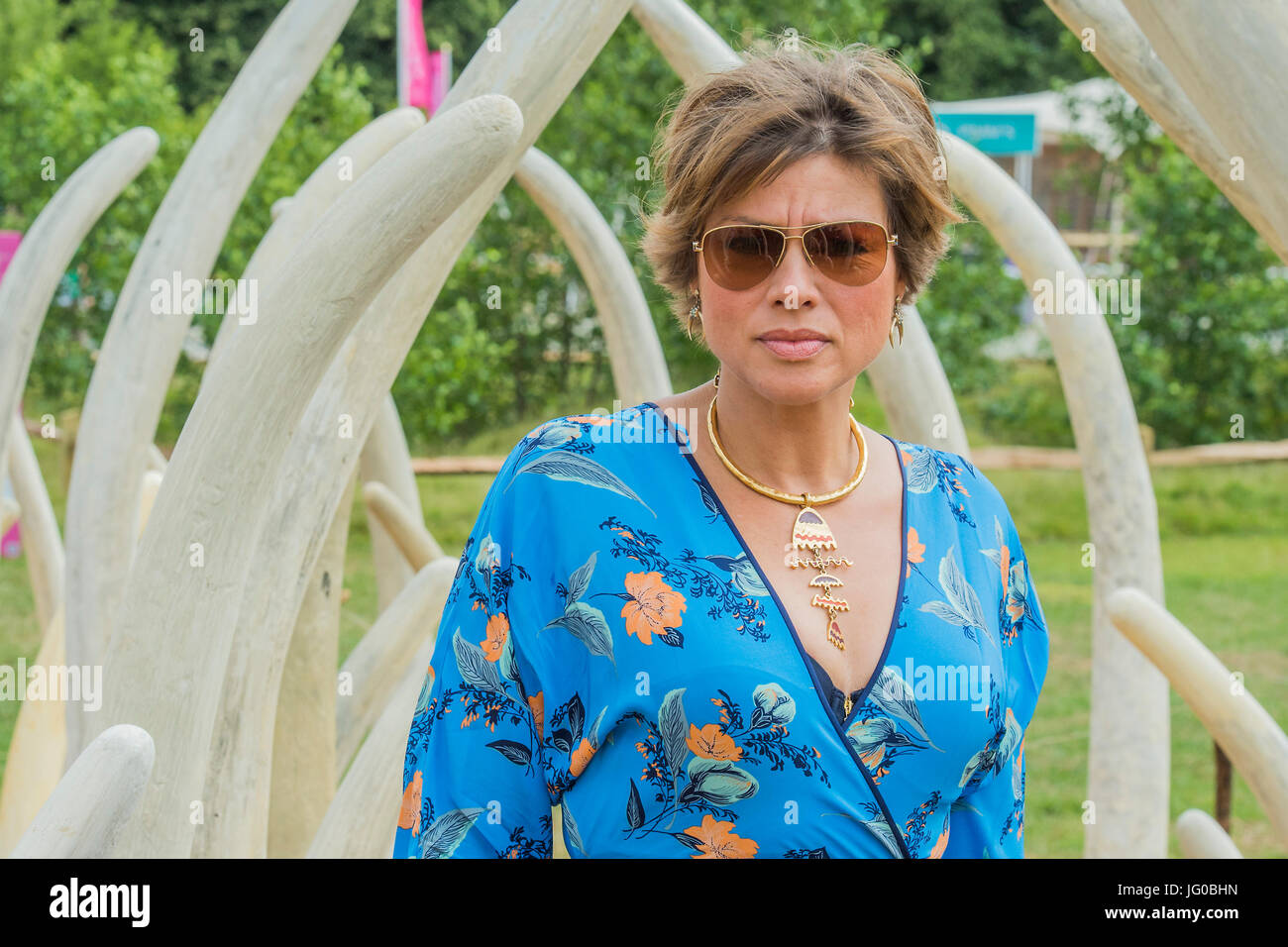 London, UK. 3rd July, 2017. Kate Silverton a Tusk ambassador on the Not For Sale garden by Mark Whyte and Sharmayne Ferguson, to highlight the illegal ivory trade - The Hampton Court Flower Show, organised by the Royal Horticultural Society (RHS). In the grounds of the Hampton Court Palace, London. Credit: Guy Bell/Alamy Live News Stock Photo