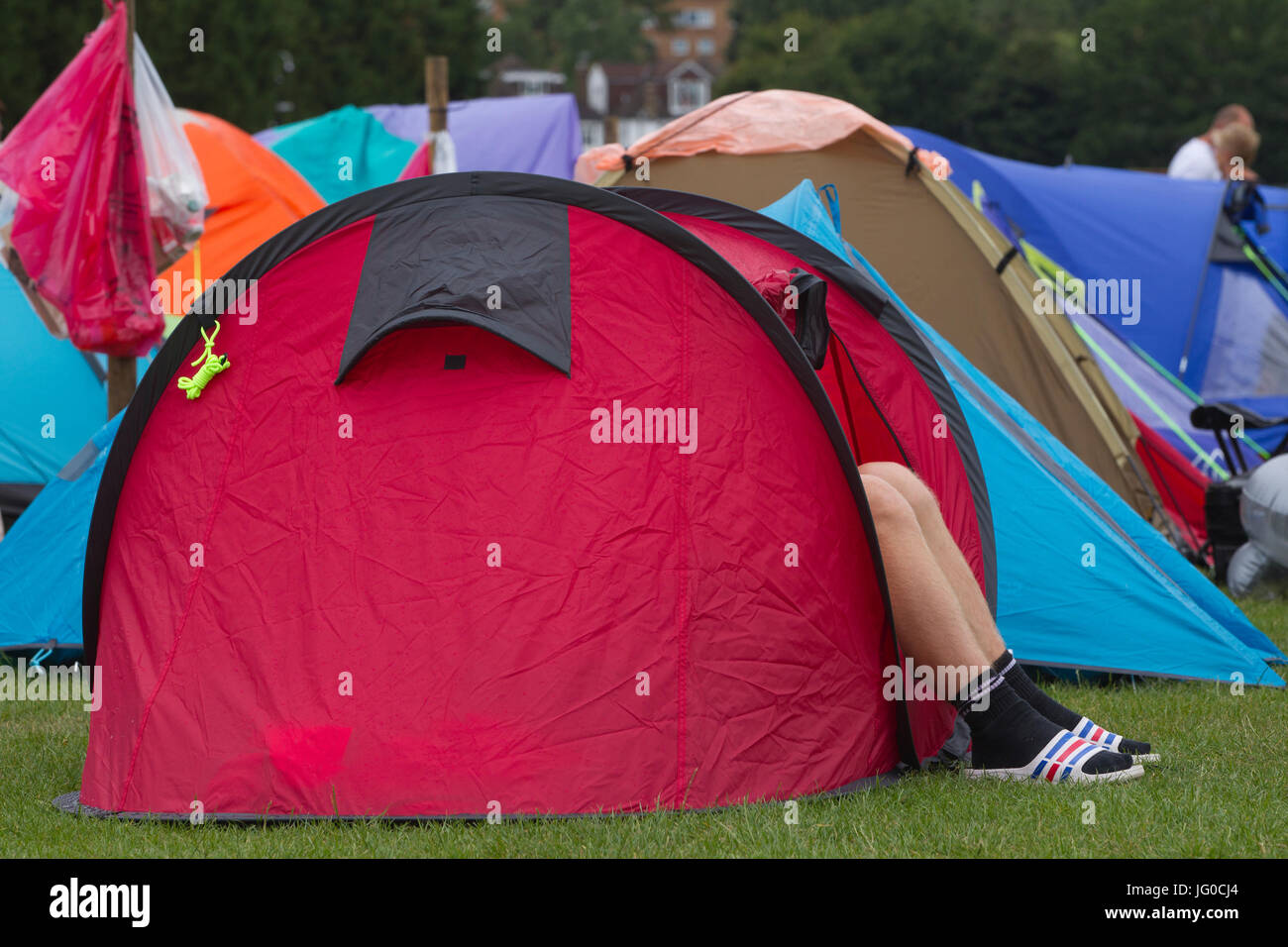 London, UK. 3rd Jul, 2017. Wimbledon Tennis Championships 2017, Wimbledon Lawn Tennis Club, Southwest London, England, UK. 03rd July, 2017. People queue up in the traditional camping lines on Wimbledon Park to get tickets for the following days Wimbledon Tennis Championships 2017 on the main Centre Court and Court One. Credit: Clickpics/Alamy Live News Stock Photo