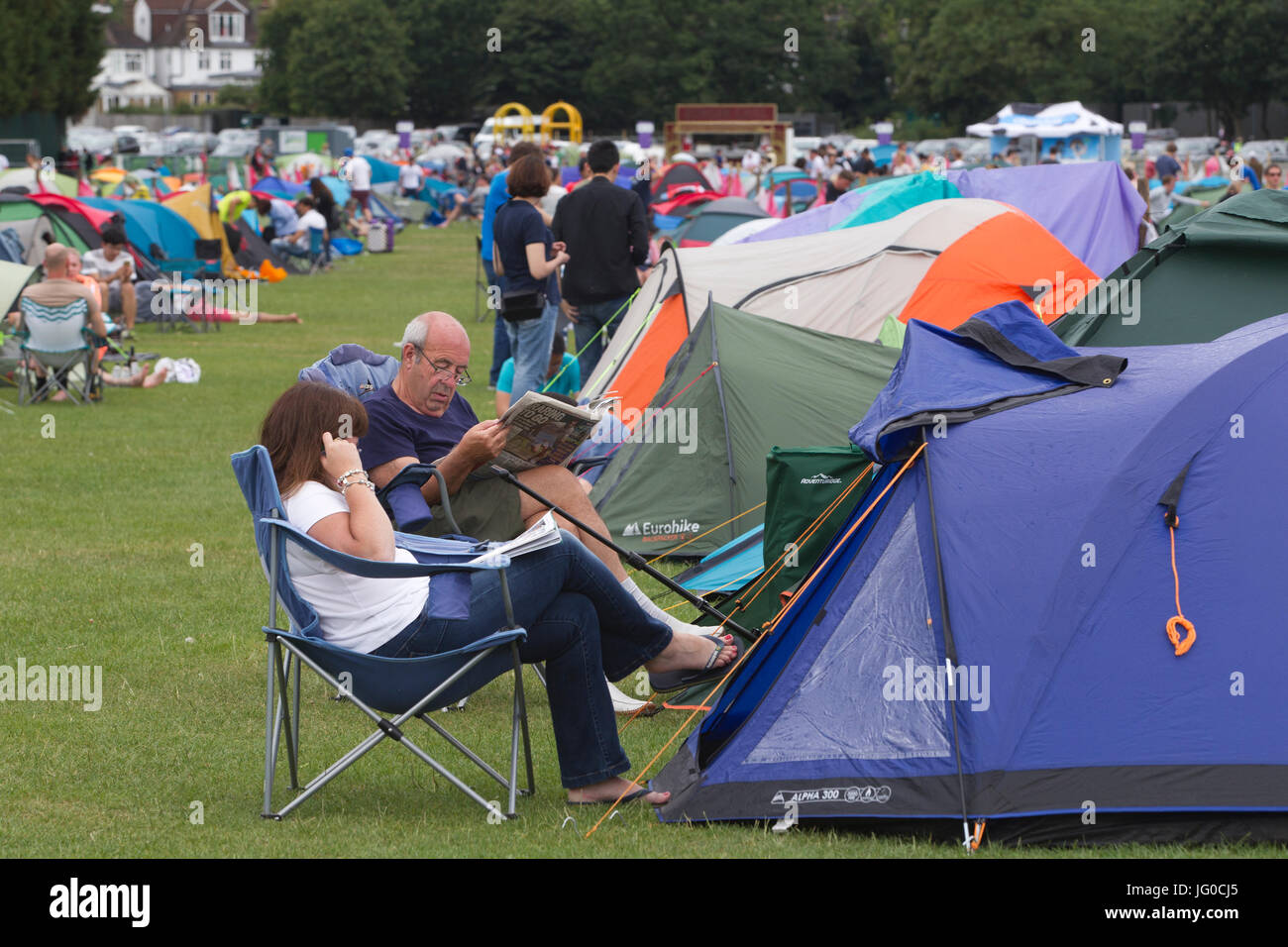 London, UK. 3rd Jul, 2017. Wimbledon Tennis Championships 2017, Wimbledon Lawn Tennis Club, Southwest London, England, UK. 03rd July, 2017. People queue up in the traditional camping lines on Wimbledon Park to get tickets for the following days Wimbledon Tennis Championships 2017 on the main Centre Court and Court One. Credit: Clickpics/Alamy Live News Stock Photo