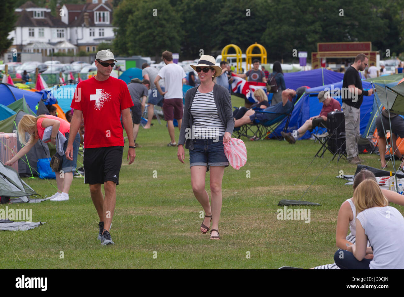London, UK. 3rd Jul, 2017. Wimbledon Tennis Championships 2017, Wimbledon Lawn Tennis Club, Southwest London, England, UK. 03rd July, 2017. People queue up in the traditional camping lines on Wimbledon Park to get tickets for the following days Wimbledon Tennis Championships 2017 on the main Centre Court and Court One. Credit: Clickpics/Alamy Live News Stock Photo