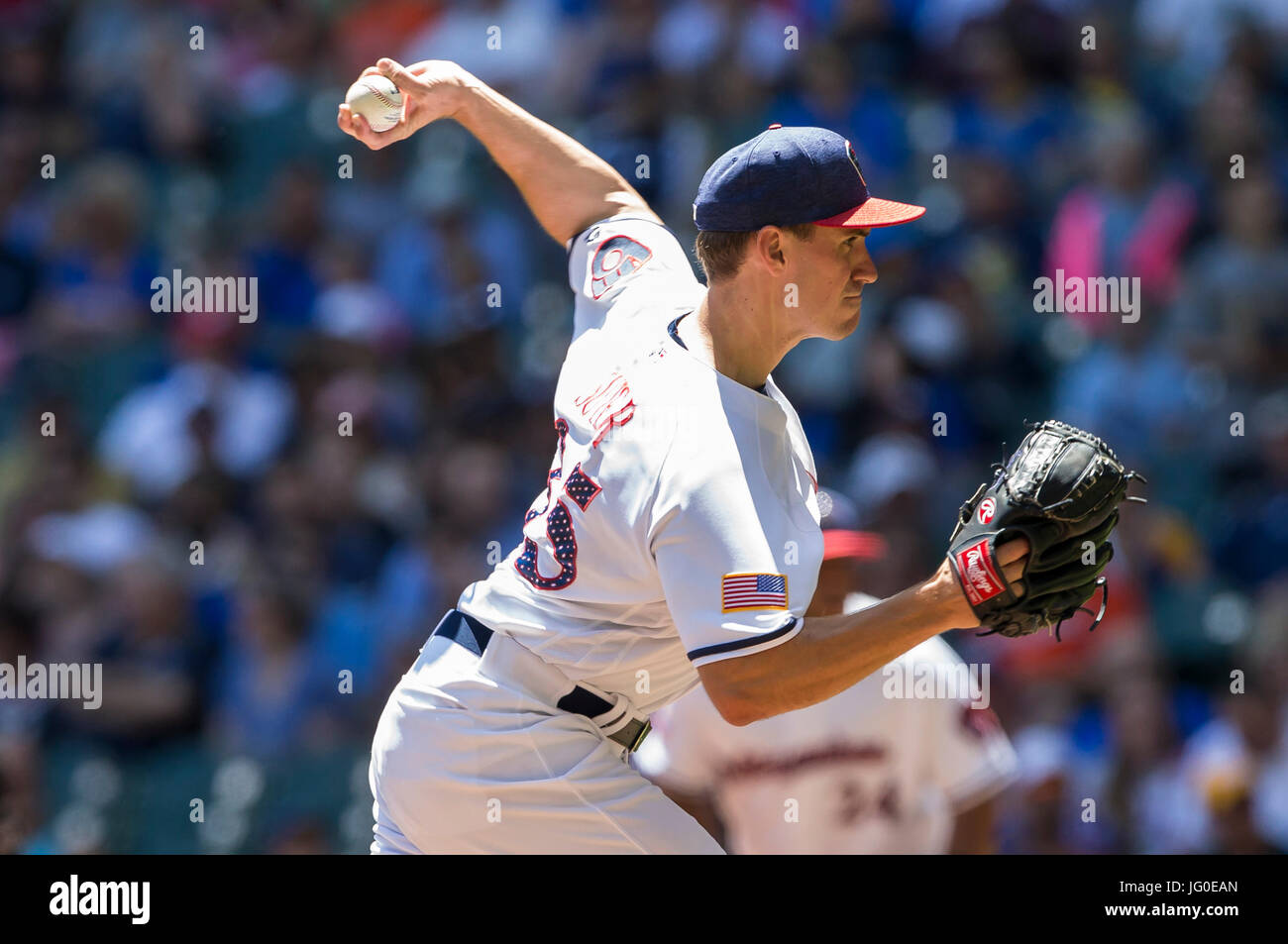 Milwaukee, USA. 03rd July, 2017. Milwaukee Brewers relief pitcher Brent Suter #35 delivers a pitch in the first inning of the Major League Baseball game between the Milwaukee Brewers and the Baltimore Orioles at Miller Park in Milwaukee, WI. John Fisher/CSM/Alamy Live News Stock Photo