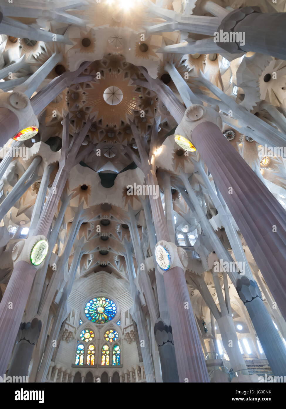Colourful lighting in La Sagrada Familia - Interiors, Barcelona, Spain ...