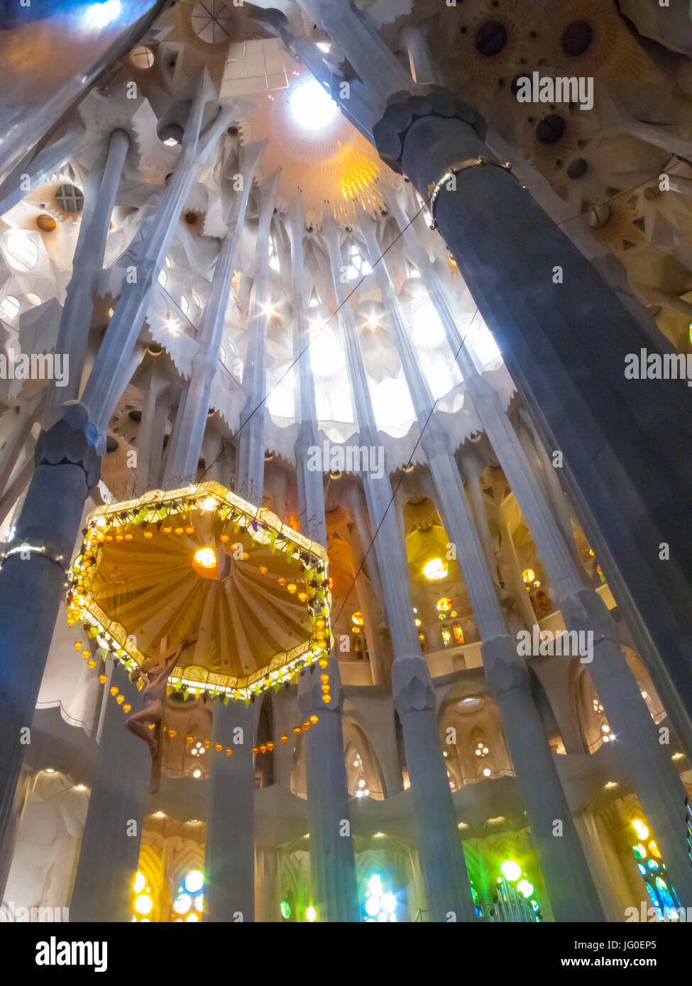 Colourful lighting in La Sagrada Familia - Interiors, Barcelona, Spain ...