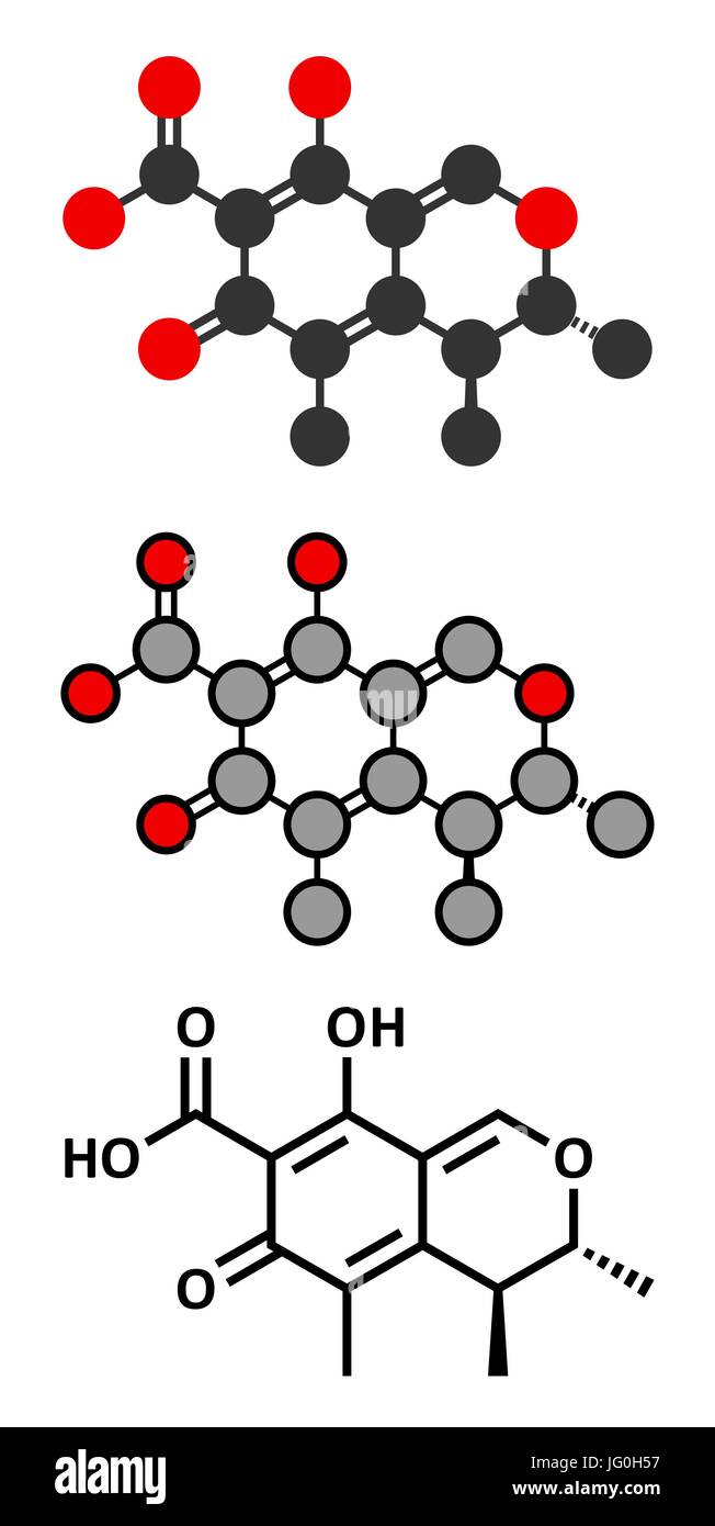 Citrinin mycotoxin molecule. Conventional skeletal formula and stylized representations. Stock Vector