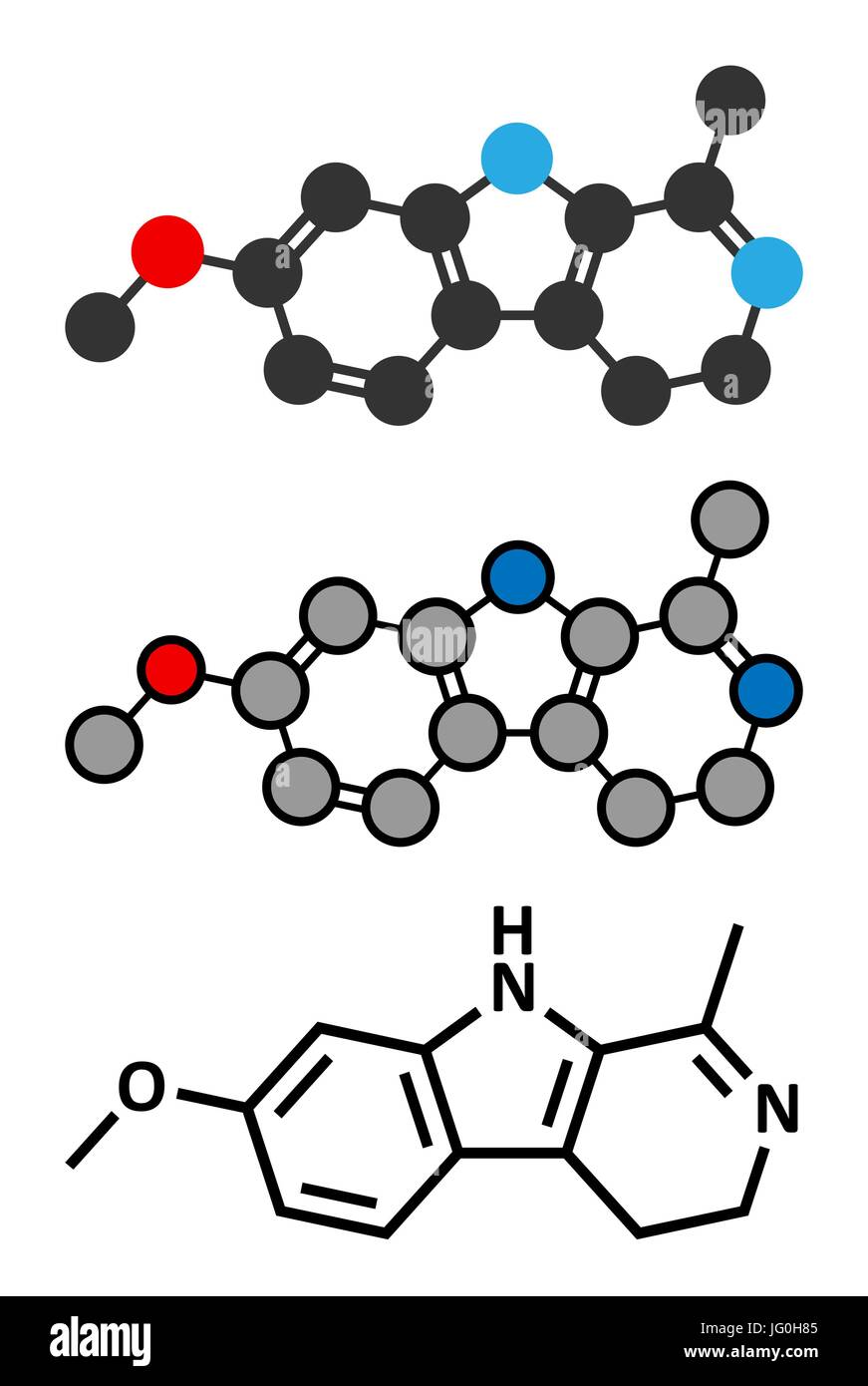 Harmaline indole alkaloid molecule. Found in Syrian rue (Peganum harmala). Conventional skeletal formula and stylized representations. Stock Vector