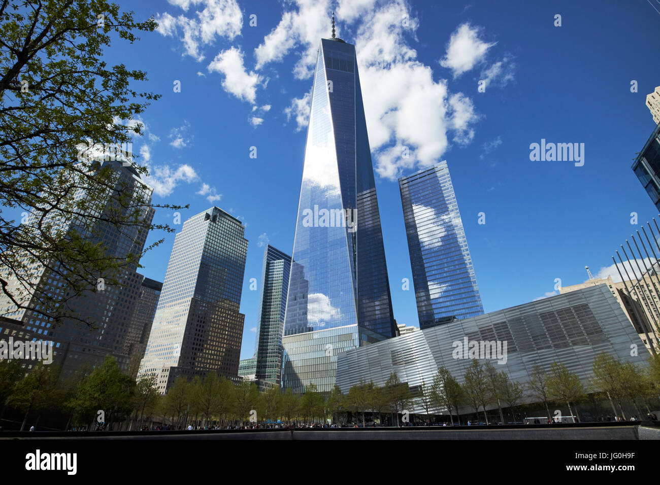 new one world trade center tower over south memorial pool former 2 world trade center footprint New York City USA Stock Photo