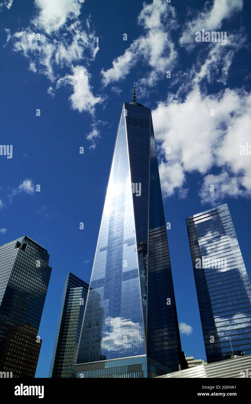 looking up at one world trade center from national september 11th memorial site New York City USA Stock Photo