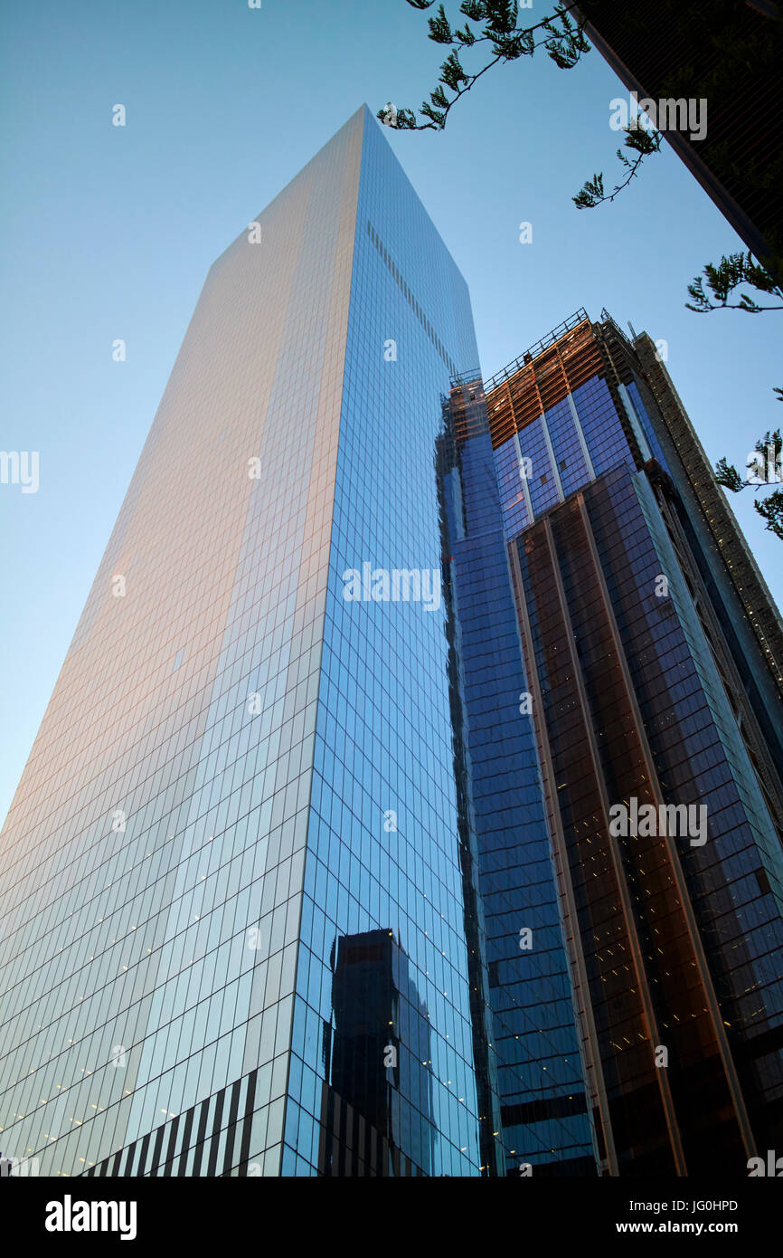 looking up at four and three world trade center at dusk New York City USA Stock Photo