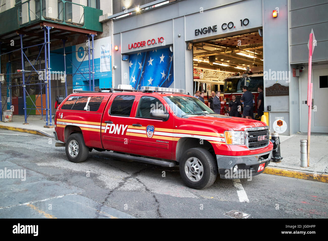 fdny gmc truck outside engine 10 ladder 10 company station liberty street New York City USA Stock Photo