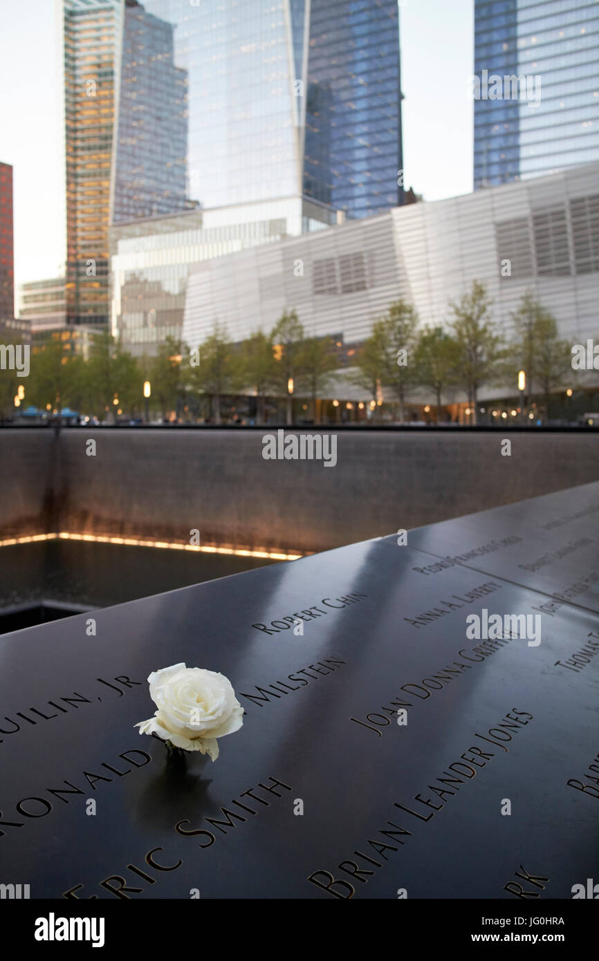 white rose tribute at ronald milstein name on the south memorial pool former 2 world trade center footprint New York City USA Stock Photo