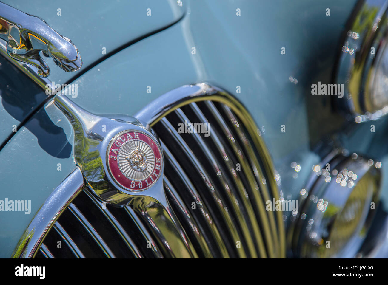 Radiator grille, badge and hood ornament of Jaguar 3.8 Litre Stock Photo