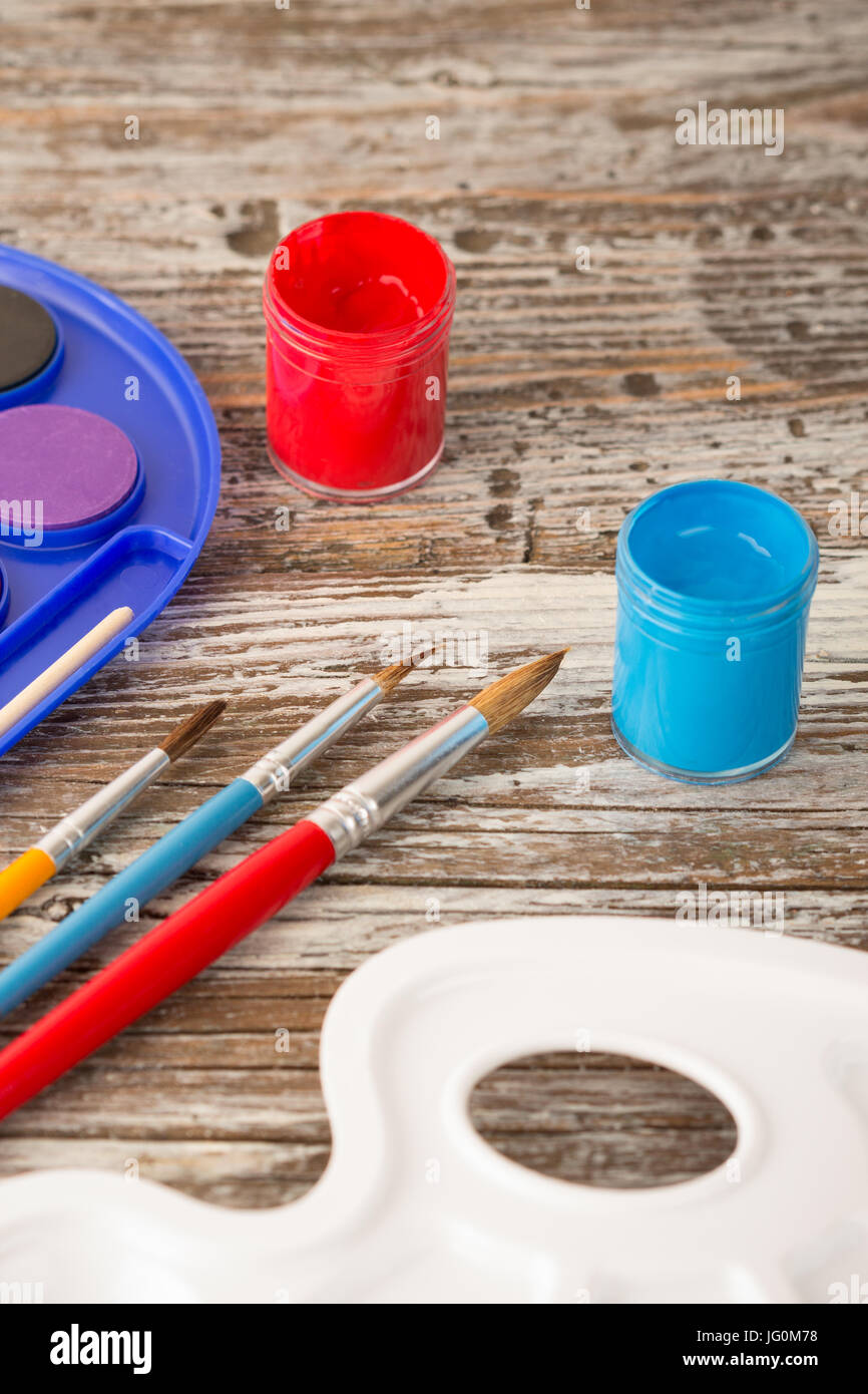 special painting tools on wooden background, education tools for schools Stock Photo