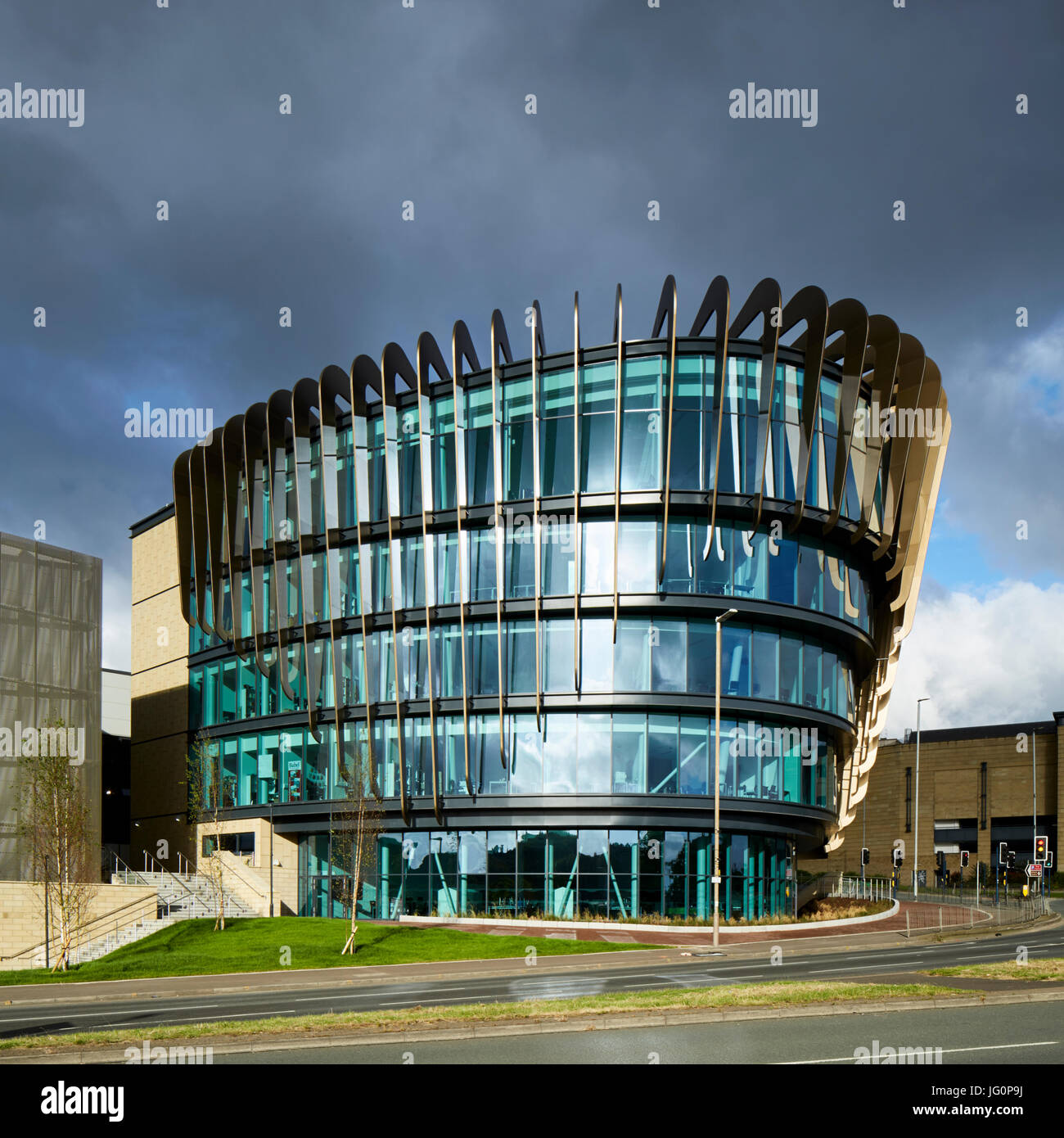 The finned and glass facade of the new Oastler Building, Huddersfield University campus, West Yorkshire Stock Photo
