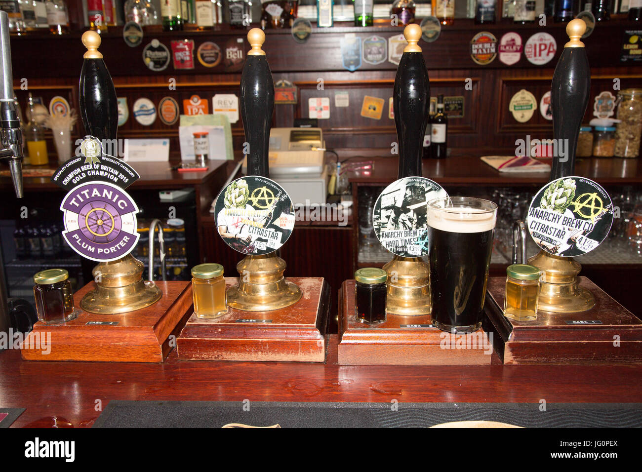 Real ale hand pumps Stock Photo
