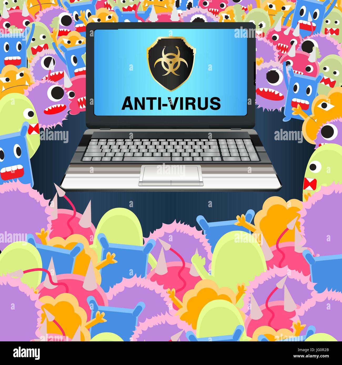 virus computer attack laptop protected antivirus Stock Vector